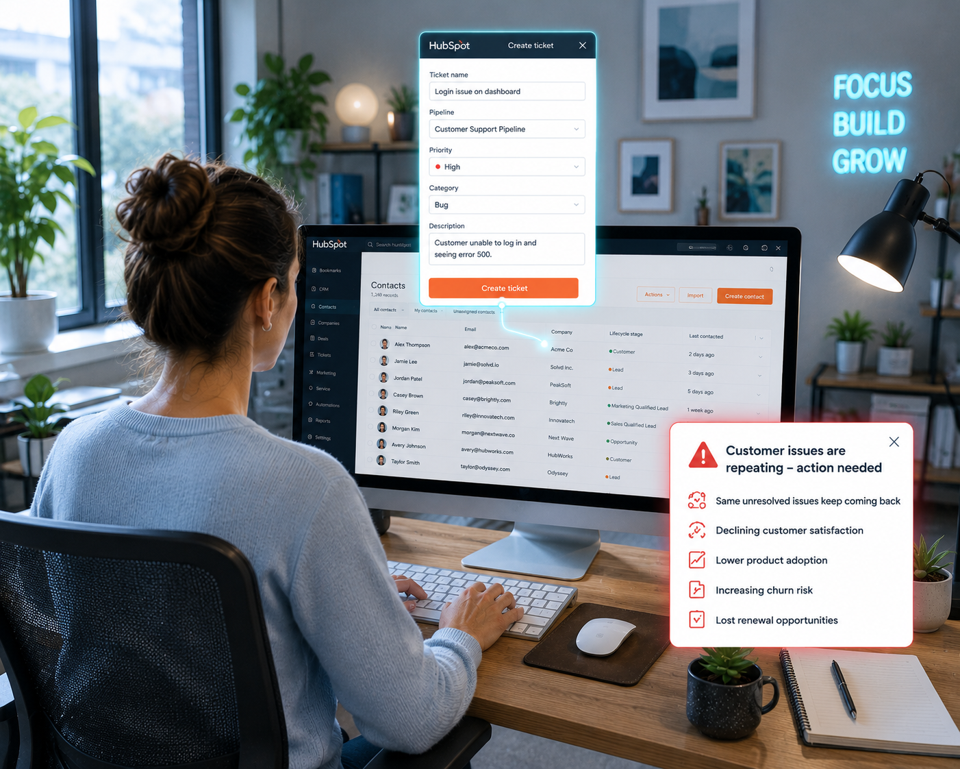 a software customer in their home office flagging a ticket with a hubspot ticket pop-up from her kyeboard but customer issues being stopped before they reach the Engineering team. Customers report the same problems through Customer Success and Support, but the feedback never reaches Product and Engineering. As a result, the same unresolved issues repeatedly return to customers, leading to declining customer satisfaction, lower product adoption, increasing churn risk, and lost renewal opportunities.