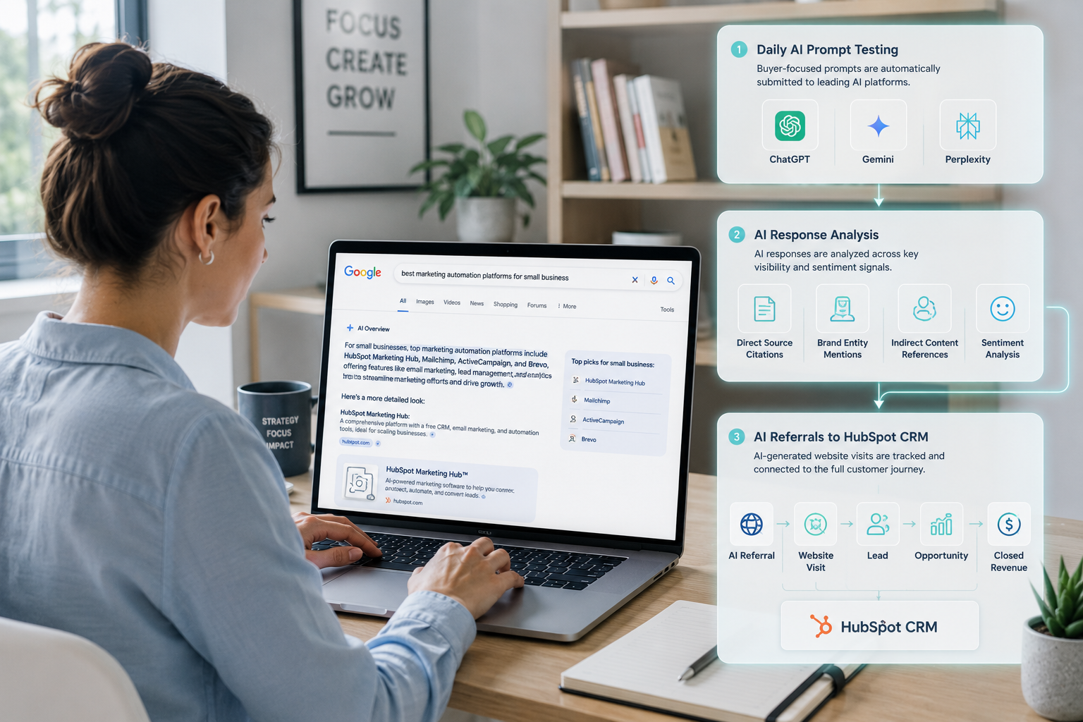 a profesisonal in her home office searching a product on google and showing at the top is the ai overview and beside the laptop screen are pop-ups of The process begins with Daily AI Prompt Testing, where buyer-focused prompts are automatically submitted to ChatGPT, Gemini, and Perplexity. AI responses are then analyzed to identify Direct Source Citations, Brand Entity Mentions, Indirect Content References, and Sentiment Analysis. The final stage connects AI-generated website visits through AI Referrals into HubSpot CRM, showing the customer journey from AI recommendation to website visit, lead, opportunity, and closed revenue. cool tone brightly lit