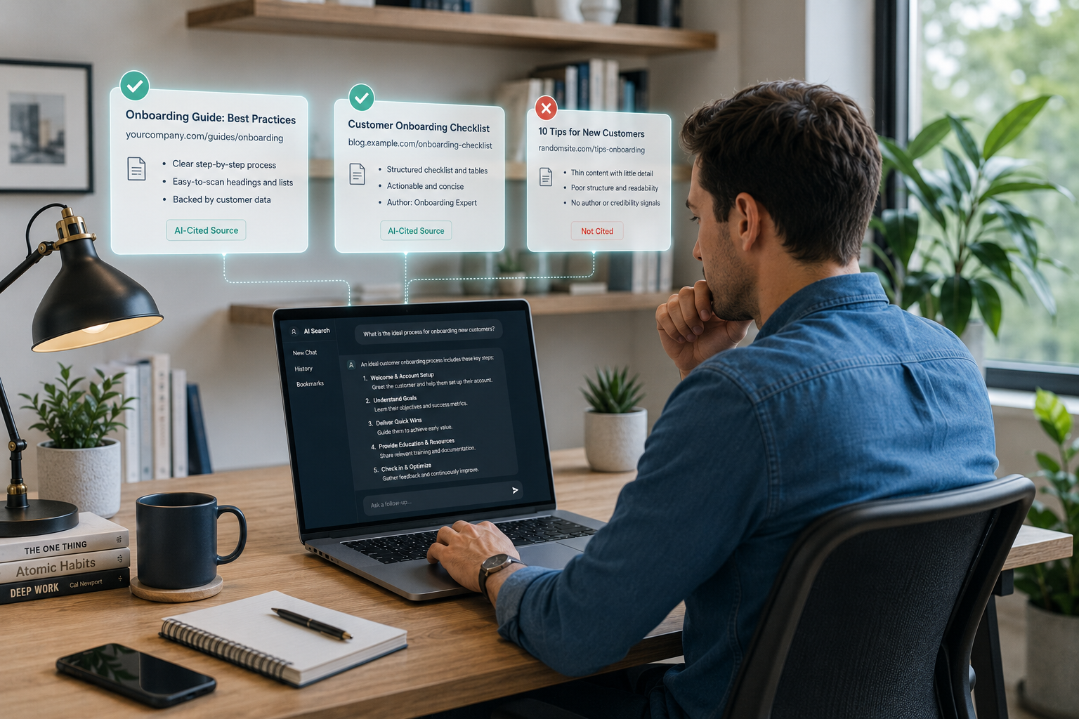 a male professional in his home office searching in an AI search chat about a process, add a pop-up above his laptop of low opacity source options with checks and exes to show pages that the AI chat cited or not how AI answer engines evaluate web content before citing it. Three content pages move through an AI evaluation process, each passing one of three quality checkpoints: Answers the User's Question, Easy-to-Extract Structure (clear headings, tables, lists, and organized sections), and Trust & Topical Authority (original research, credible sources, expert authorship, and fresh content). Pages that pass all three checkpoints are selected as AI-cited sources, while lower-quality pages are filtered out.