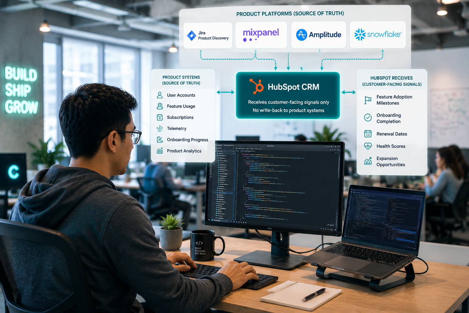 a developer working on a code and a pop-up above his monitor shows HubSpot CRM integrated with product platforms including Jira Product Discovery, Mixpanel, Amplitude, and Snowflake. Product systems remain the source of truth for user accounts, feature usage, subscriptions, telemetry, onboarding progress, and product analytics, while HubSpot receives only customer-facing signals such as feature adoption milestones, onboarding completion, renewal dates, health scores, and expansion opportunities.