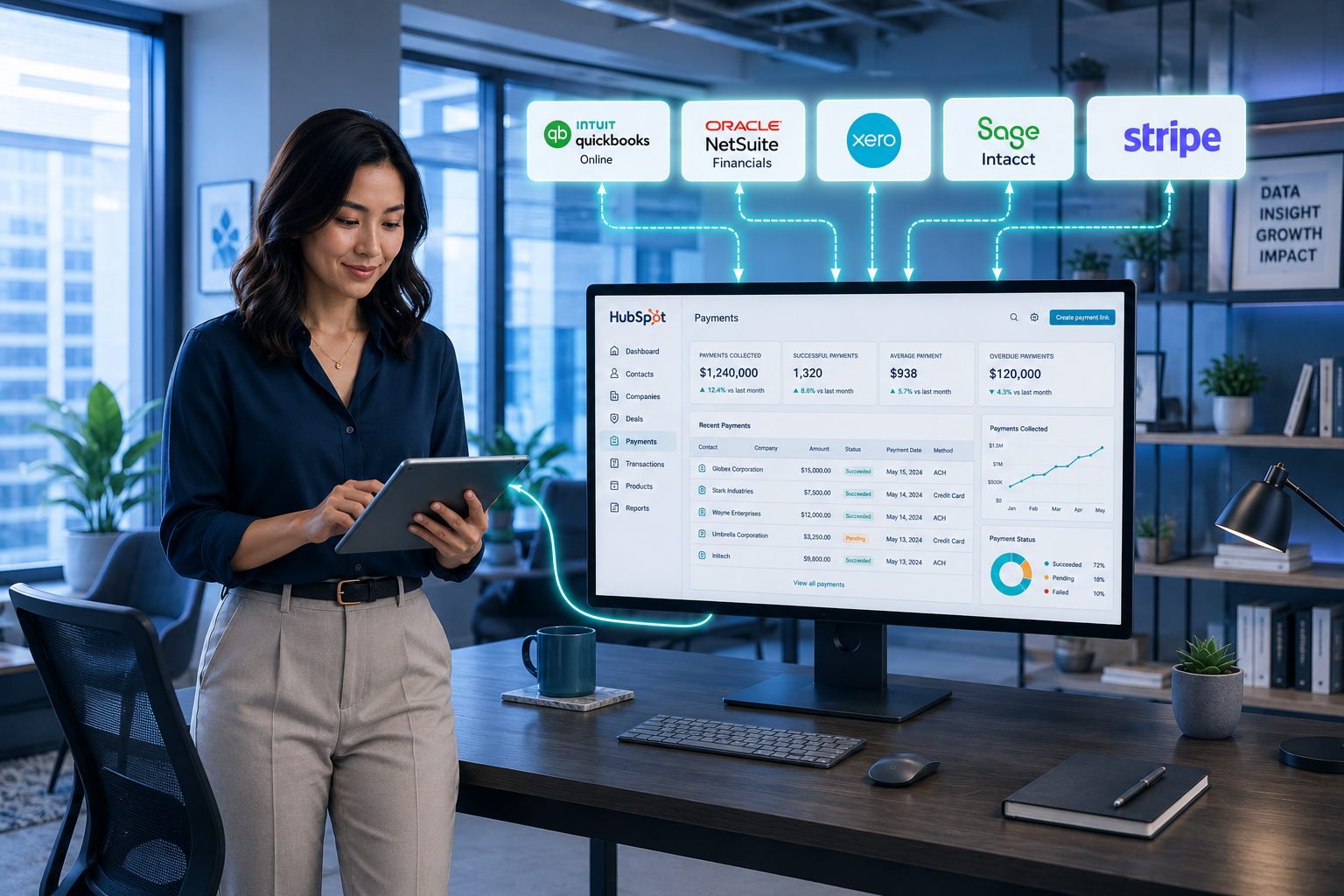 a financial manager in her own office, standing and leaning in front of her desk facing us with her monitor behind her showing HubSpot CRM connected to accounting platforms including QuickBooks Online, Oracle NetSuite Financials, Xero, Sage Intacct, and Stripe through HubSpot Data Sync and integration platforms. Financial systems remain responsible for invoices, payments, taxes, revenue recognition, and accounting, while HubSpot displays invoice status, payment status, customer lifetime value, subscription balance, and outstanding invoices for Sales and Customer Success teams.
