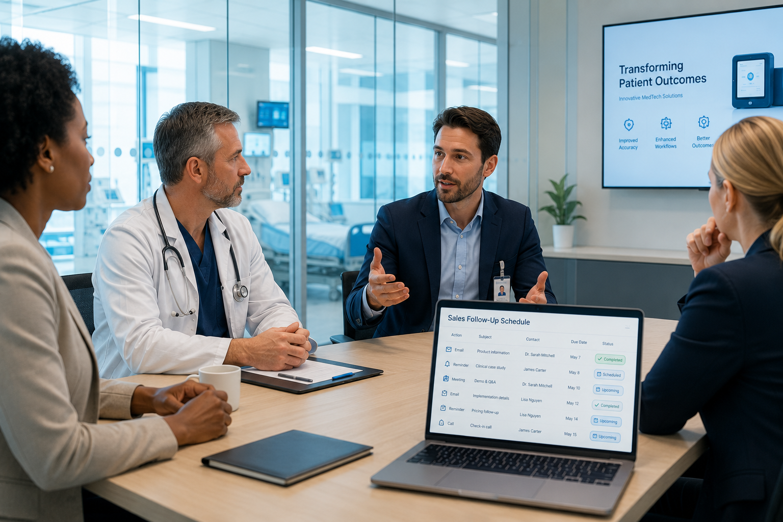 a professional MedTech sales representative meeting with a small group of healthcare decision-makers in a modern hospital conference room, including a clinician, procurement manager, and hospital administrator. The sales rep is leading a thoughtful conversation while a laptop nearby shows an organized sales follow-up schedule with emails, reminders, meetings, and completed tasks, suggesting that routine follow-ups are being handled in the background.
