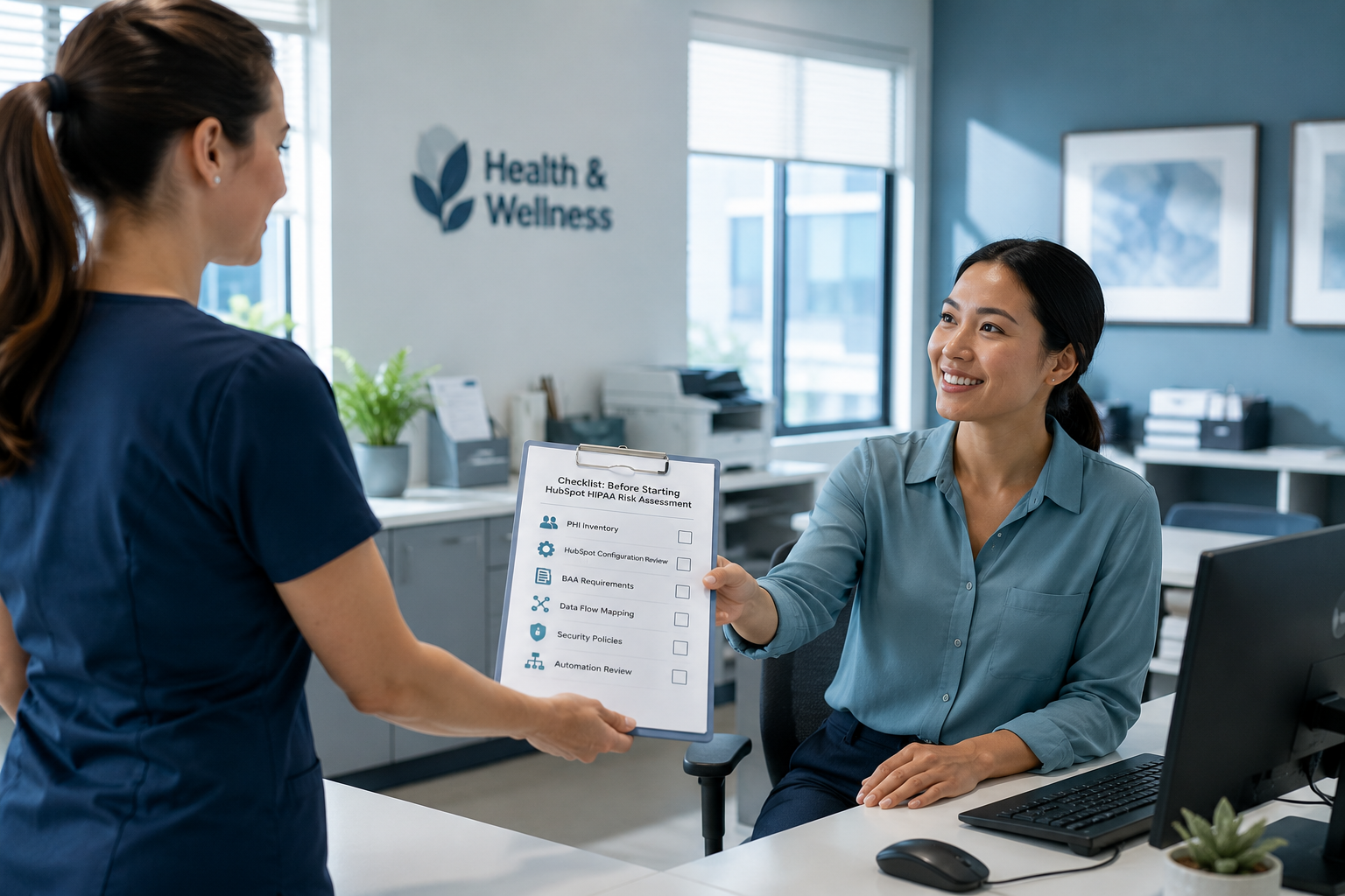 coworkers in a health office, not hospital, but the admin office of a clinic, 1 person is sitting on a desk preparing to wookrrkk theother person is handing thema checklist that must be completed before starting a HubSpot HIPAA risk assessment. The checklist includes PHI Inventory, HubSpot Configuration Review, BAA Requirements, Data Flow Mapping, Security Policies, and Automation Review. Each item has simple icons representing patient data, CRM settings, legal agreements, integrations, access controls, and workflows. brightly lit cool tone