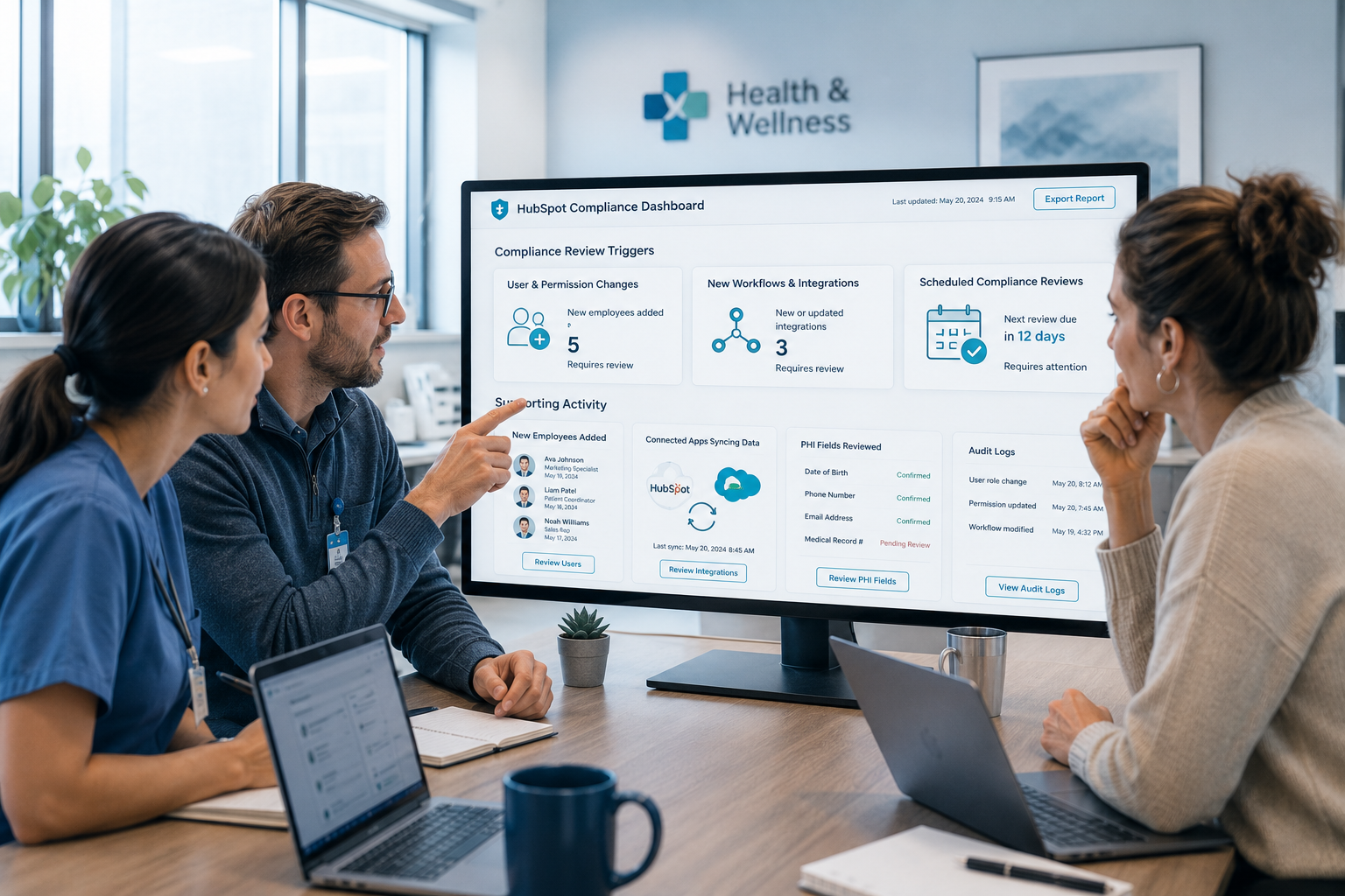 a healthcare IT team reviewing a HubSpot compliance dashboard after system changes. The screen highlights three major review triggers: User & Permission Changes, New Workflows & Integrations, and Scheduled Compliance Reviews. Supporting visuals show new employees being added, connected applications syncing data, PHI fields being reviewed, and audit logs being checked.