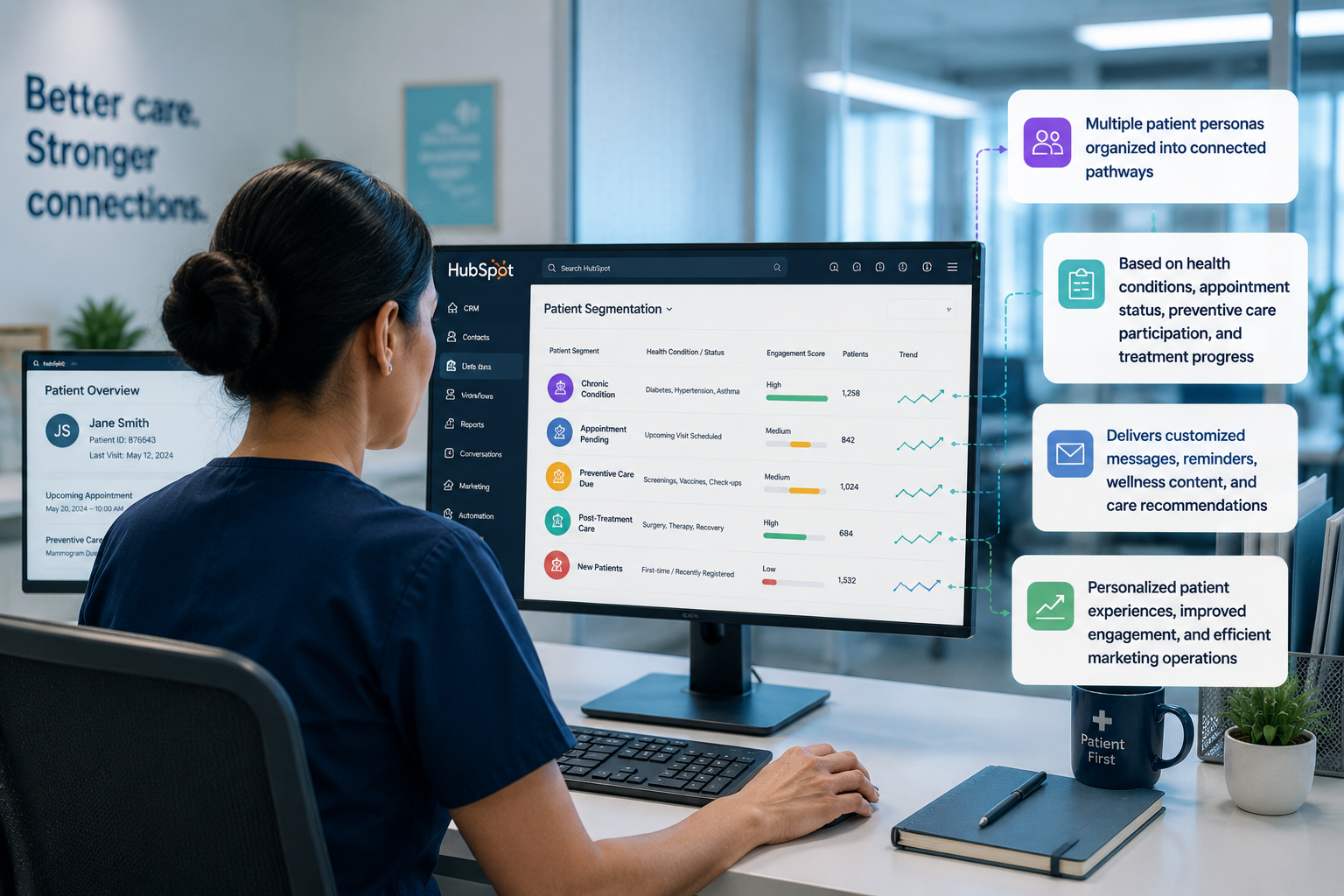 a healthcare admin worker looking at HubSpot CRM showing patient segmentation in action. with pop-ups showing Multiple patient personas are organized into connected pathways based on health conditions, appointment status, preventive care participation, and treatment progress. delivers customized messages, follow-up reminders, wellness content, and care recommendations to each segment.