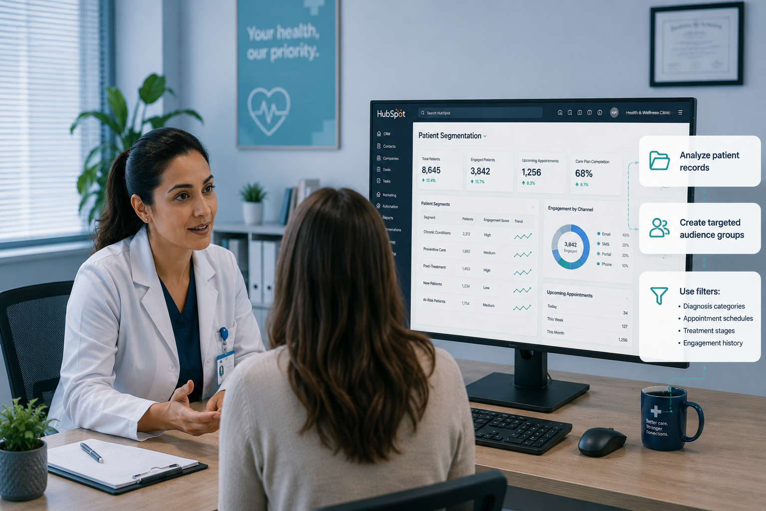 healthcare professional talking to a patient in a desk with her monitor on the side showing HubSpot CRM and the patient's segmented dashboard in action. pop-ups of analyze patient records and create targeted audience groups using filters such as diagnosis categories, appointment schedules, treatment stages, and engagement history. real hubspot interface, cool tone
