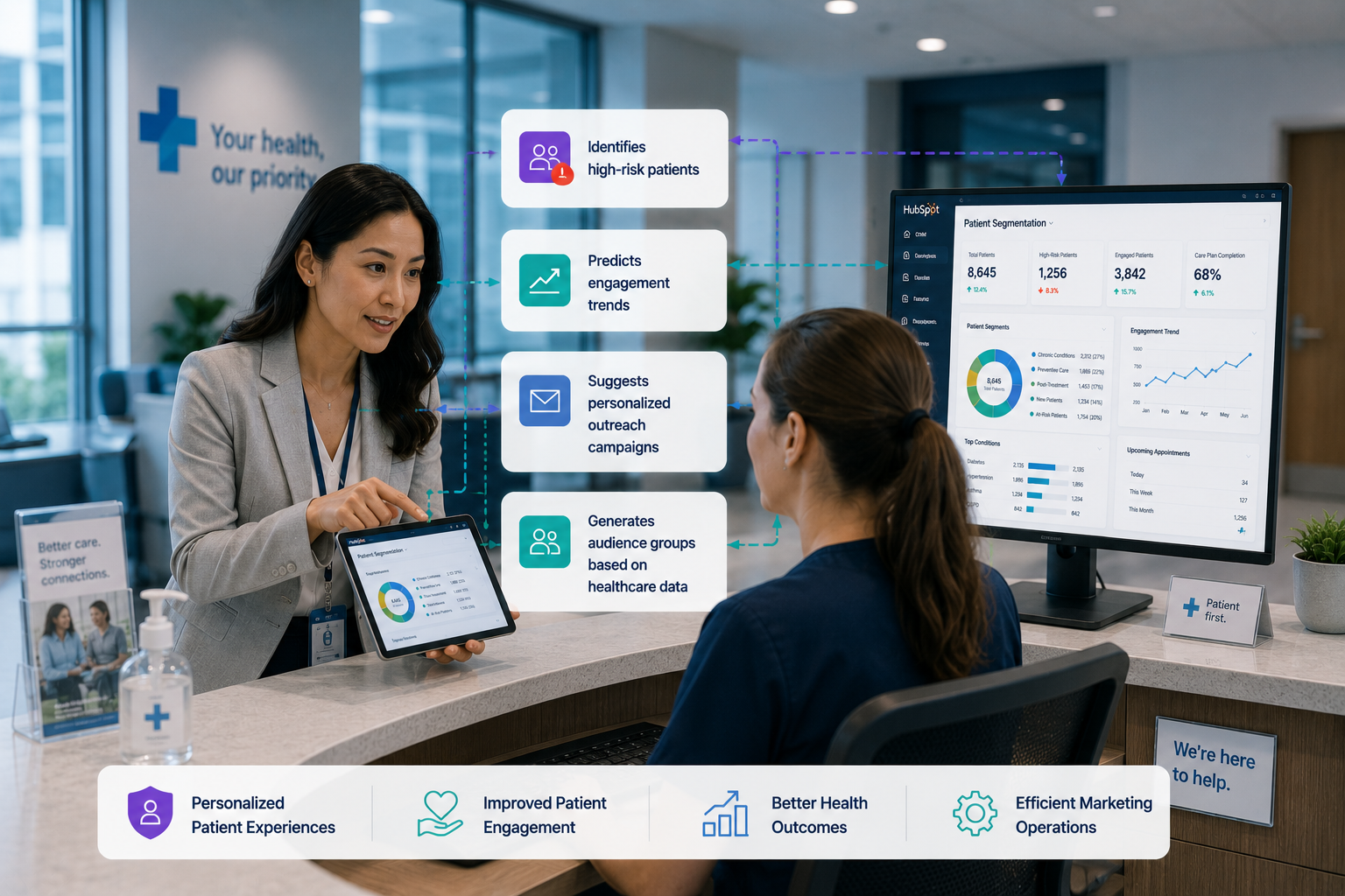 marketing team working with an AI-powered CRM platform that visualizes patient segments through interactive dashboards and intelligent recommendations. The system automatically identifies high-risk patients, predicts engagement trends, suggests personalized outreach campaigns, and generates audience groups based on healthcare data. Digital interfaces show machine learning insights, patient journey optimization, compliance indicators, and secure data management features.