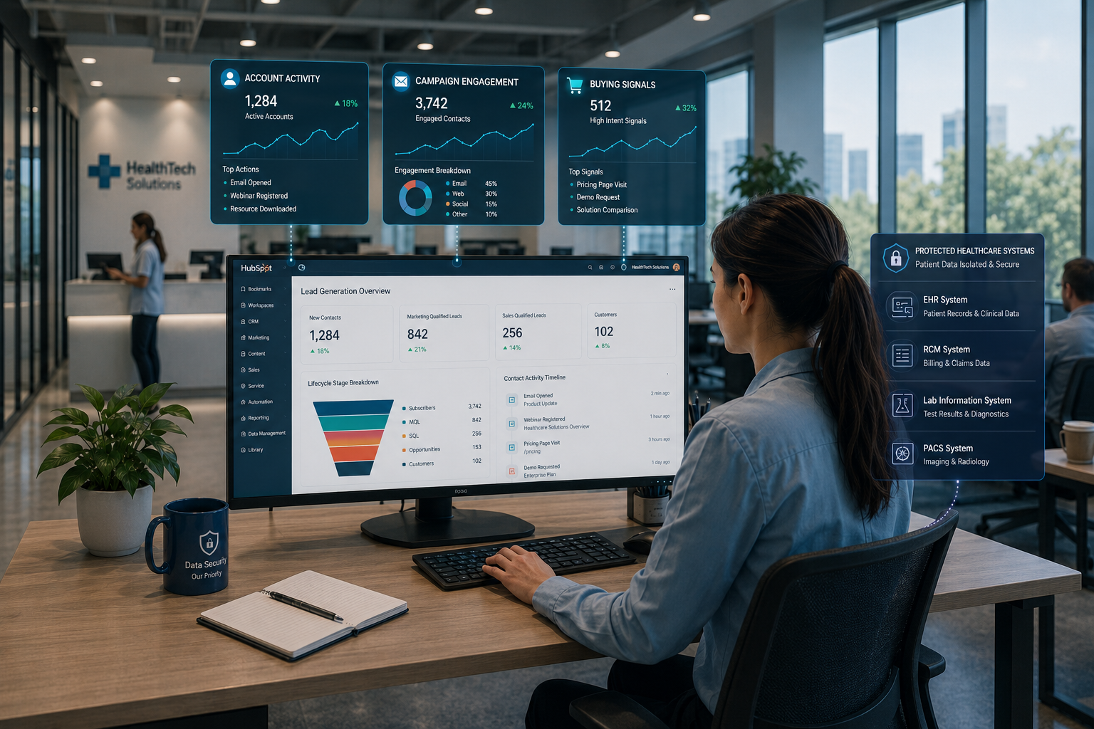healthcare technology scene showing how organizations protect patient information without slowing growth operations in hubspot with pop-ups of account activity, campaign engagement, and buying signals through secure dashboards, while sensitive healthcare records remain isolated within protected systems. Show Role-based permissions, workflow automation, cybersecurity controls, in one monitor.