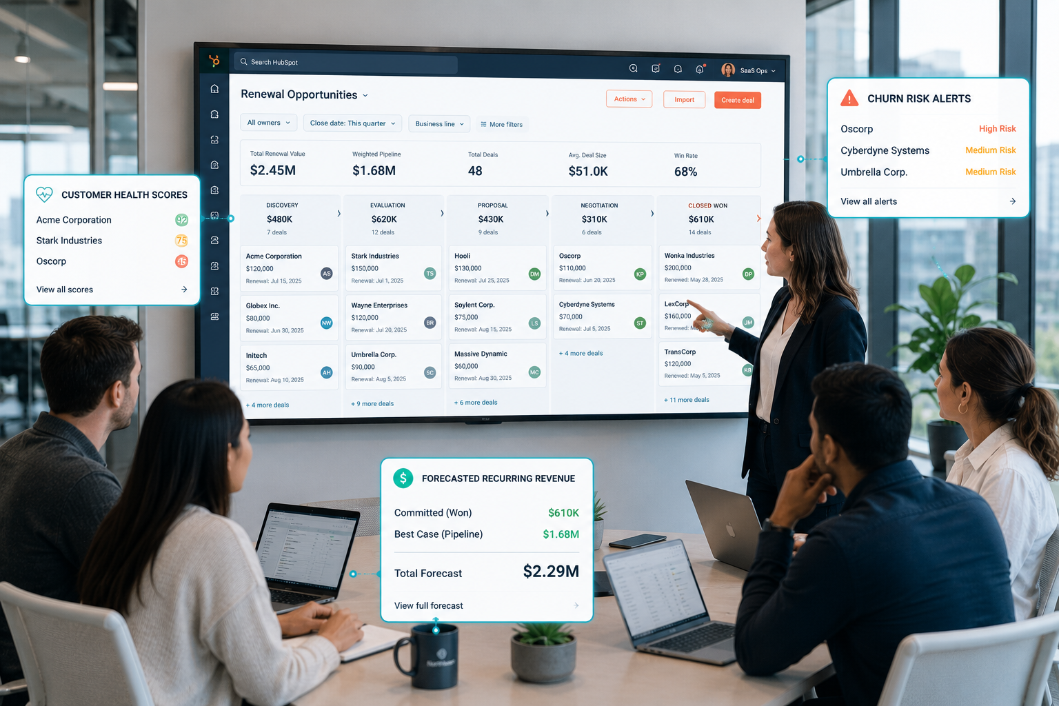 a SaaS operations team gathered around a large dashboard showing upcoming contract renewals, show pop-up icons of customer health scores, churn risk alerts, and forecasted recurring revenue. The dashboard is clean and easy to read, hubspot interface with renewal opportunities organized into pipeline stages.