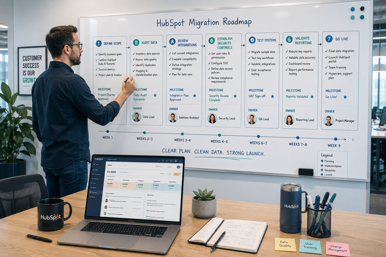 a manager plotting project roadmap in a conference white board, showing the major phases of a HubSpot migration with Define Scope, Audit Data, Review Integrations, Establish Security Controls, Test Systems, Validate Reporting, and Go Live. Each phase includes checklists, milestones, and team ownership indicators, and a laptop on the desk with a hubspot screenshot.