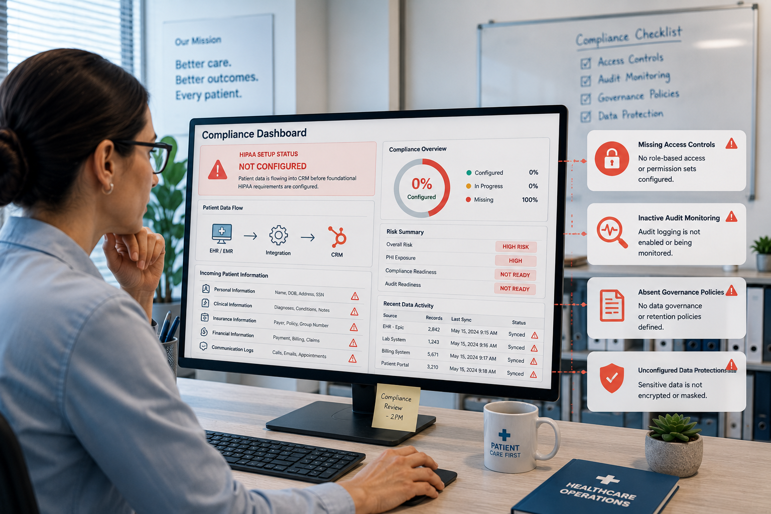 a healthcare admin officer checking their compliance dashboard in a monitor, showing patient information flowing into a CRM before foundational HIPAA requirements are configured. add icon pop-ups for missing access controls, inactive audit monitoring, absent governance policies, and unconfigured sensitive data protections.