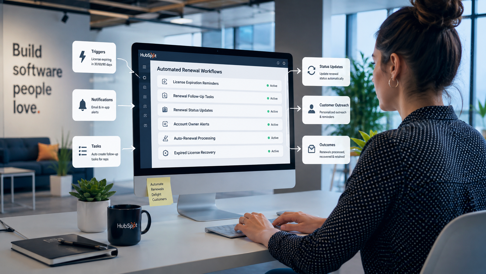 a professional flowchart illustrating six automated renewal workflows inside HubSpot. Sections include License Expiration Reminders, Renewal Follow-Up Tasks, Renewal Status Updates, Account Owner Alerts, Auto-Renewal Processing, and Expired License Recovery. Each workflow is connected with arrows showing triggers, notifications, tasks, status updates, and customer outreach actions.