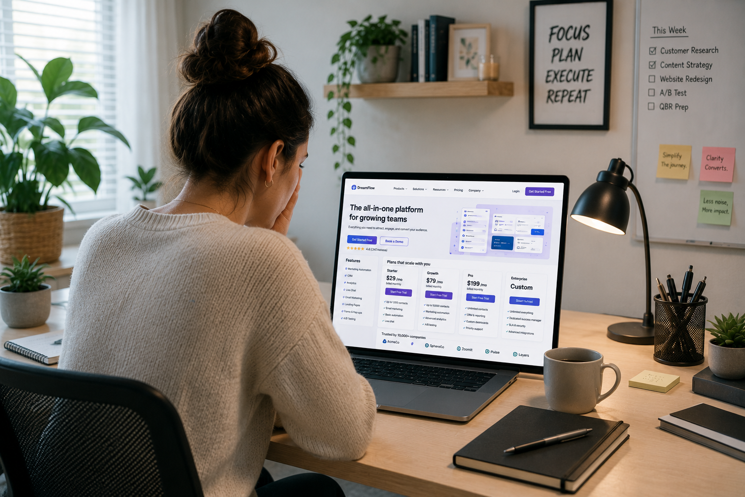 a website visitor looking at a confusing webpage filled with crowded navigation menus, multiple buttons, and unclear pricing information. The visitor appears overwhelmed. 
