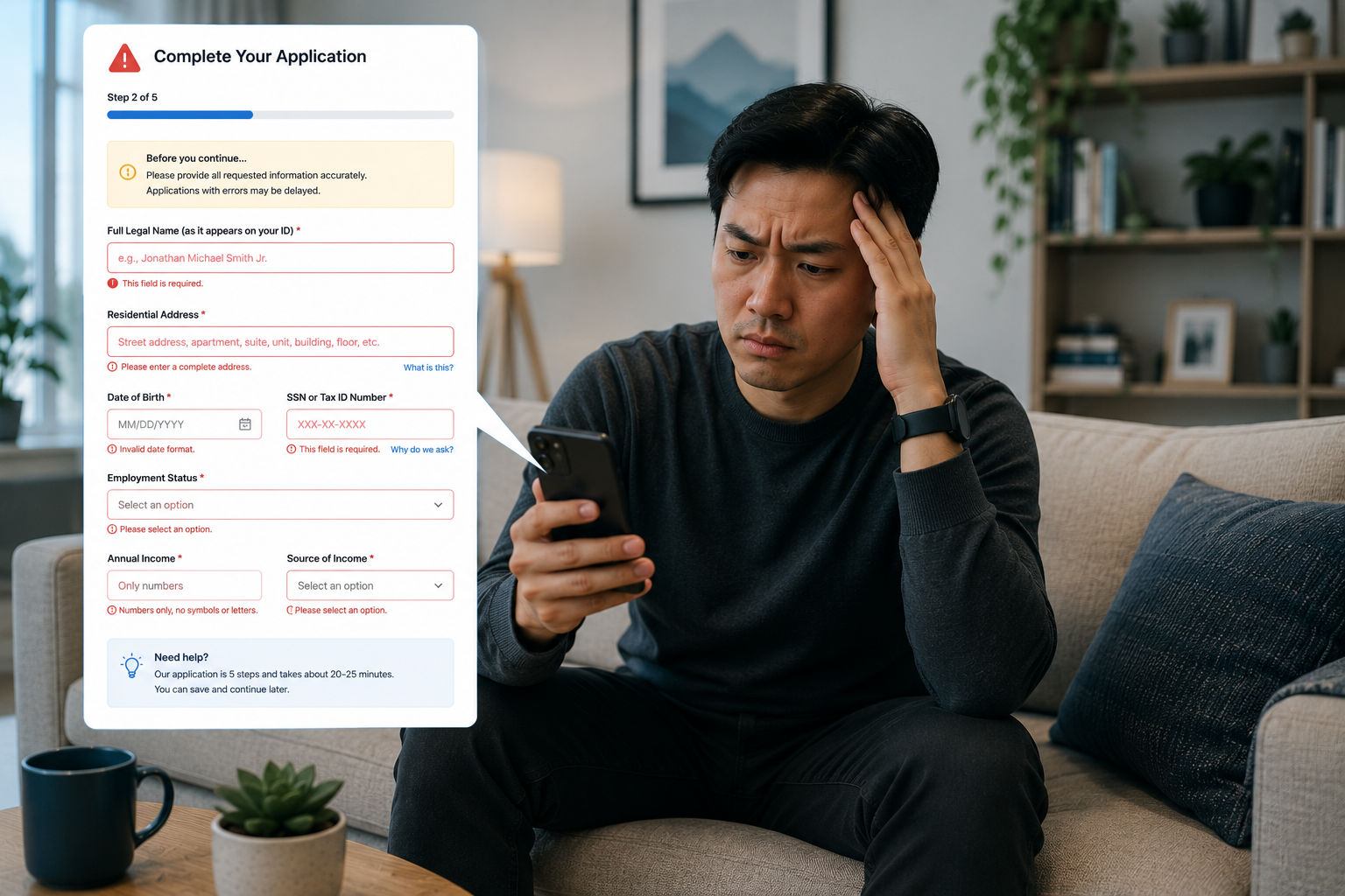 a frustrated website visitor attempting to complete a long online form containing many required fields, confusing instructions, and multiple validation errors.