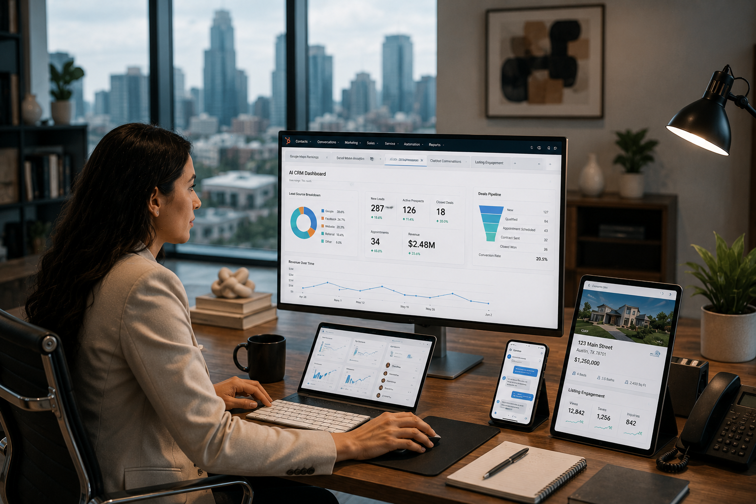 modern real estate marketing workspace showing multiple digital lead generation channels working together, including a realtor reviewing Google Maps rankings, social media video analytics, AI-powered CRM dashboards, chatbot conversations, and property listing engagement metrics on large screens, with a clean professional office environment and subtle city skyline background, realistic style.
