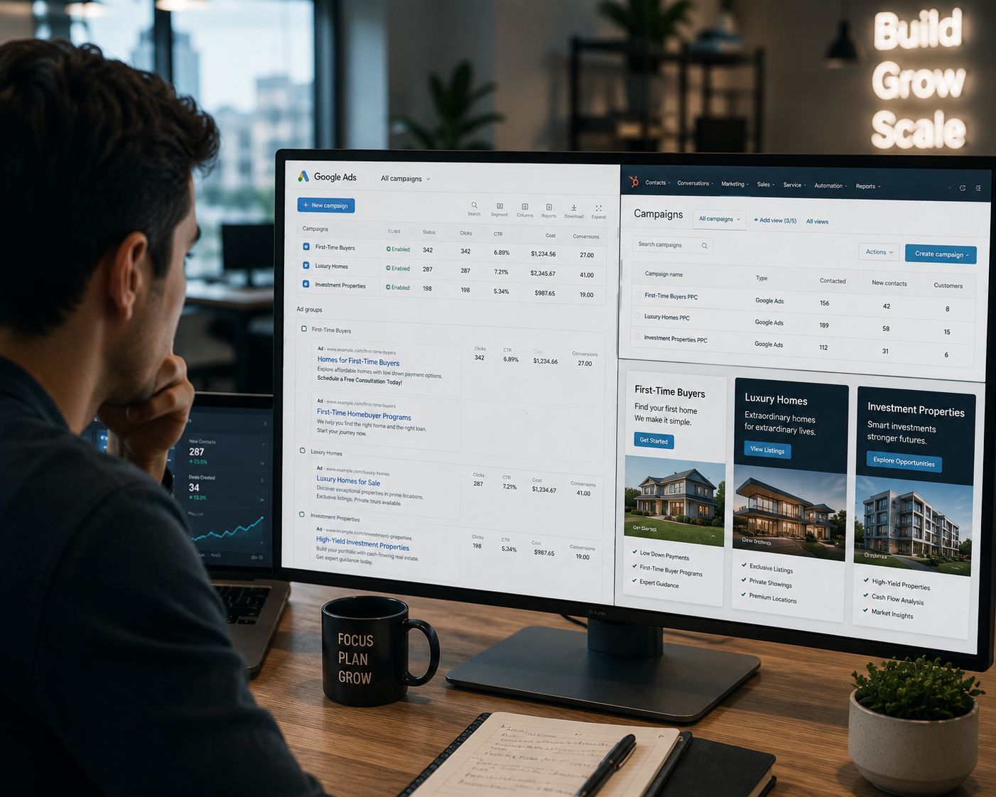 Create a close-up of a real estate PPC advertising interface displaying active Google search ads and property-focused landing pages connected to campaigns for first-time buyers, luxury homes, and investment properties, modern clean UI design.