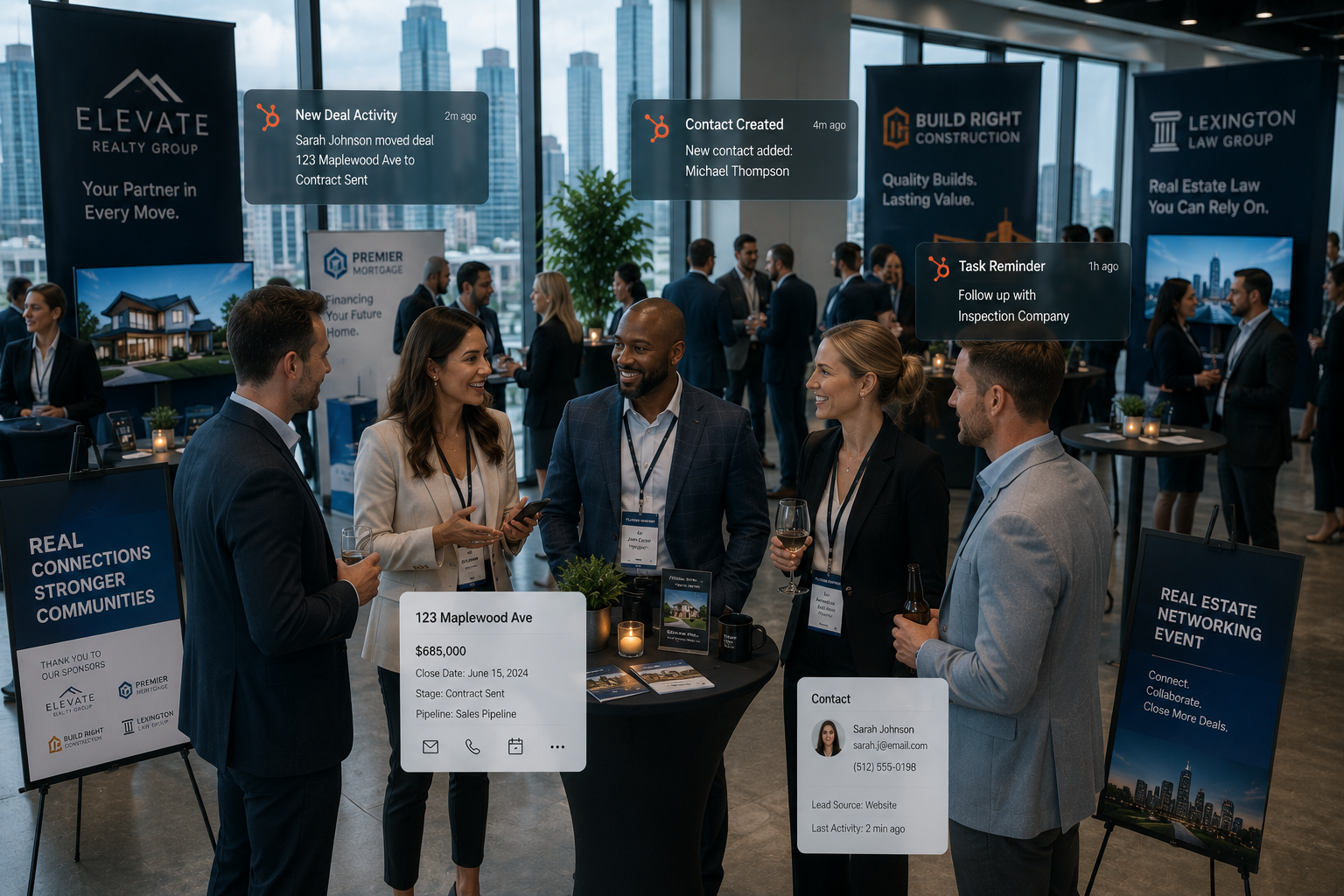 a professional real estate networking scene showing a realtor collaborating with mortgage brokers, attorneys, contractors, and local business owners around a conference table with property with hubspot deal pop-ups popping up from their phone and notifications, cool tone