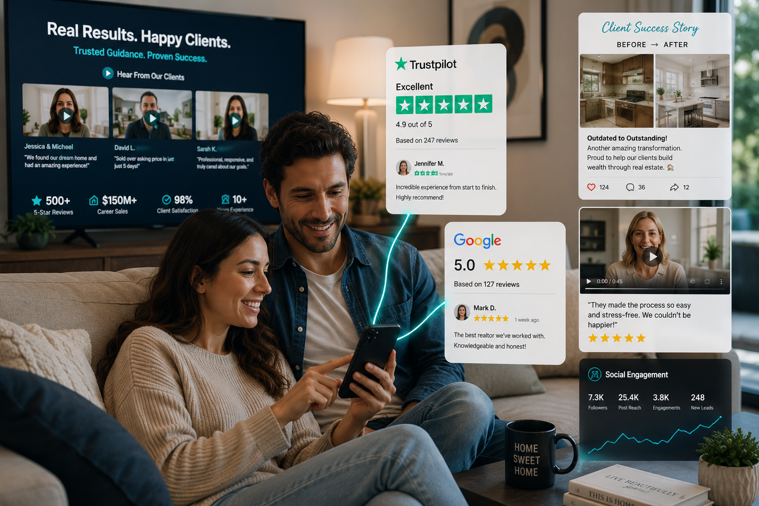 a couple looking at real estate broker reviews with pop-ups of trustpilot and google reviews from their phone, they are sitting on their sofa trust-focused real estate marketing visualization featuring client testimonial videos, five-star review ratings, before-and-after property success stories, and strong social engagement metrics appearing across digital platforms