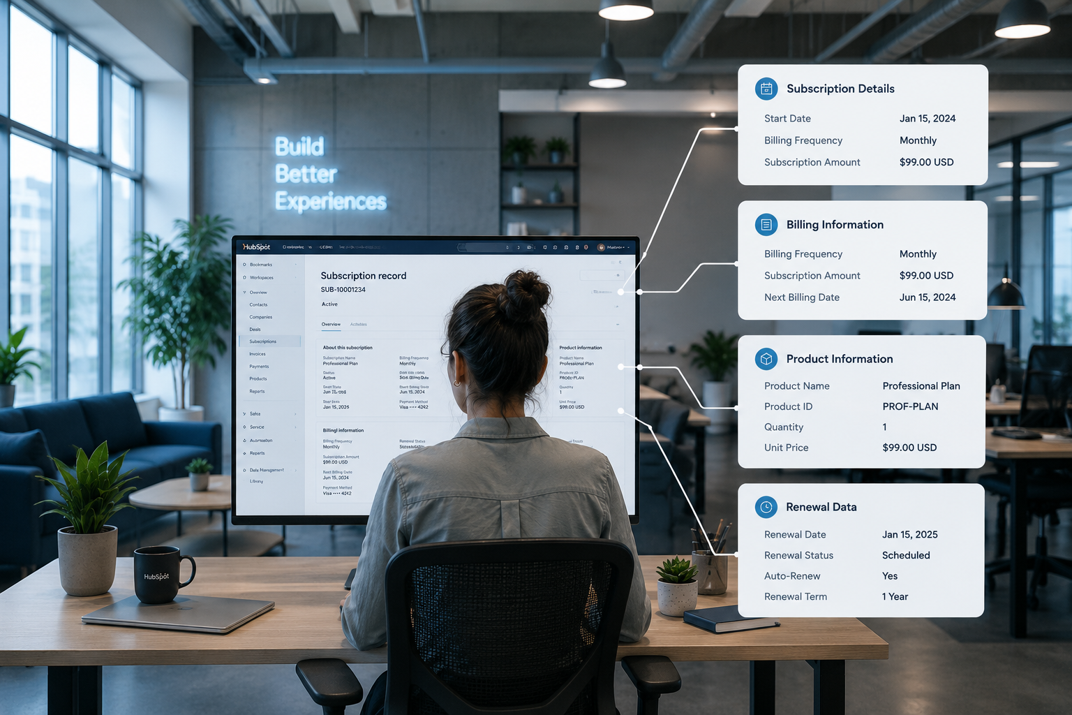 a professional working on a Subscription Record in Hubspiot use real hubspot interface or screenshot from their knowledge base. add a pop-up of four organized sections branching from the monitor: Subscription Details, Billing Information, Product Information, and Renewal Data. Each section contains example fields such as Start Date, Billing Frequency, Subscription Amount, Product Name, Renewal Date, and Renewal Status.