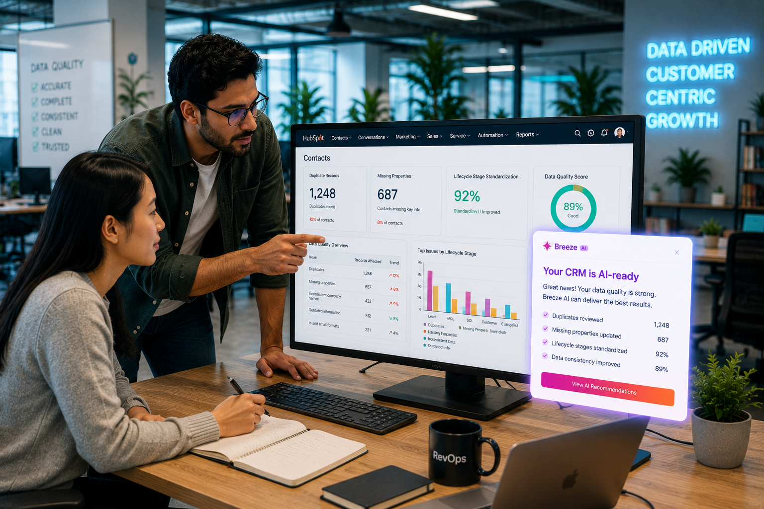 a RevOps team is reviewing a HubSpot CRM before enabling AI-powered tools. Large screens display duplicate record cleanup, lifecycle stage standardization, deal validation, lead source consistency, and customer record updates. there's an AI assistant pop-up from the monitor symbolizing that strong AI results depend on clean and structured CRM data. Professional enterprise software illustration focused on data quality and AI adoption.