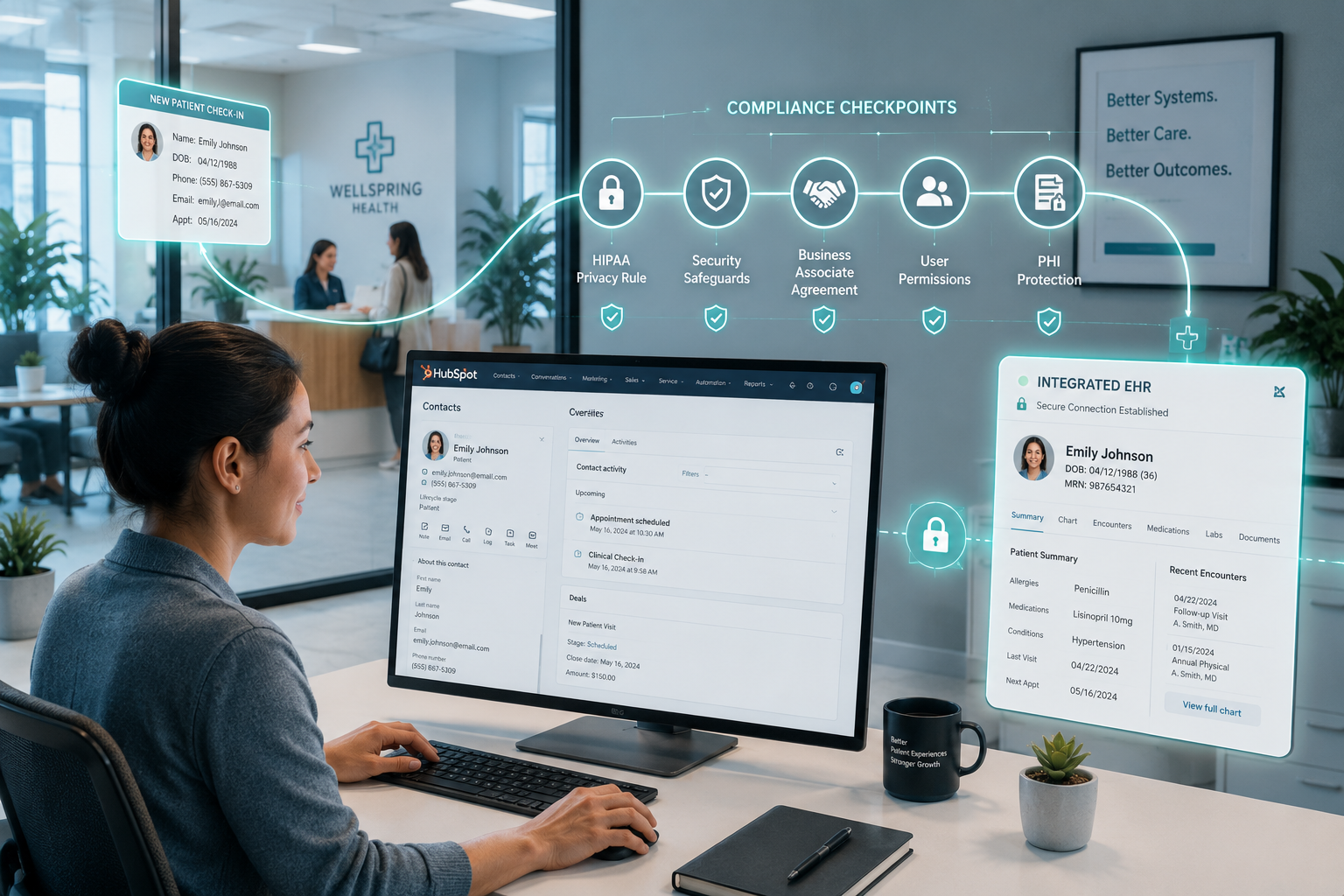 a clinic admin worker, using a HubSpot connected to a pop-up of an EHR with glow teal line indicating a secure integration. There are icons for compliance checkpoints labeled HIPAA Privacy Rule, Security Safeguards, Business Associate Agreement, User Permissions, and PHI Protection. there are patient information floating from the reception desk that is seen through a glass outside the admin office, through each checkpoint before reaching the connected system.