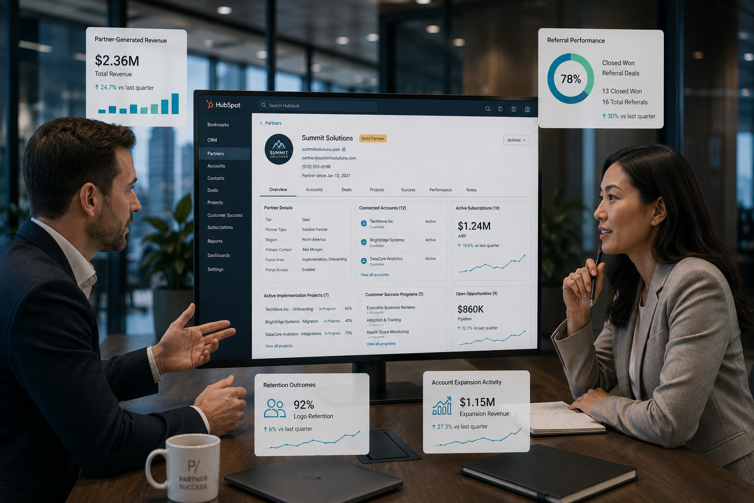 professionals who are client partner relationship conversing in a conference room and a montiro between them showing HubSpot CRM workspace focused on partner relationship management. The interface displays partner profiles connected to customer accounts, subscriptions, implementation projects, customer success programs, and revenue opportunities.add pop-ups of partner-generated revenue, referral performance, retention outcomes, and account expansion activity.