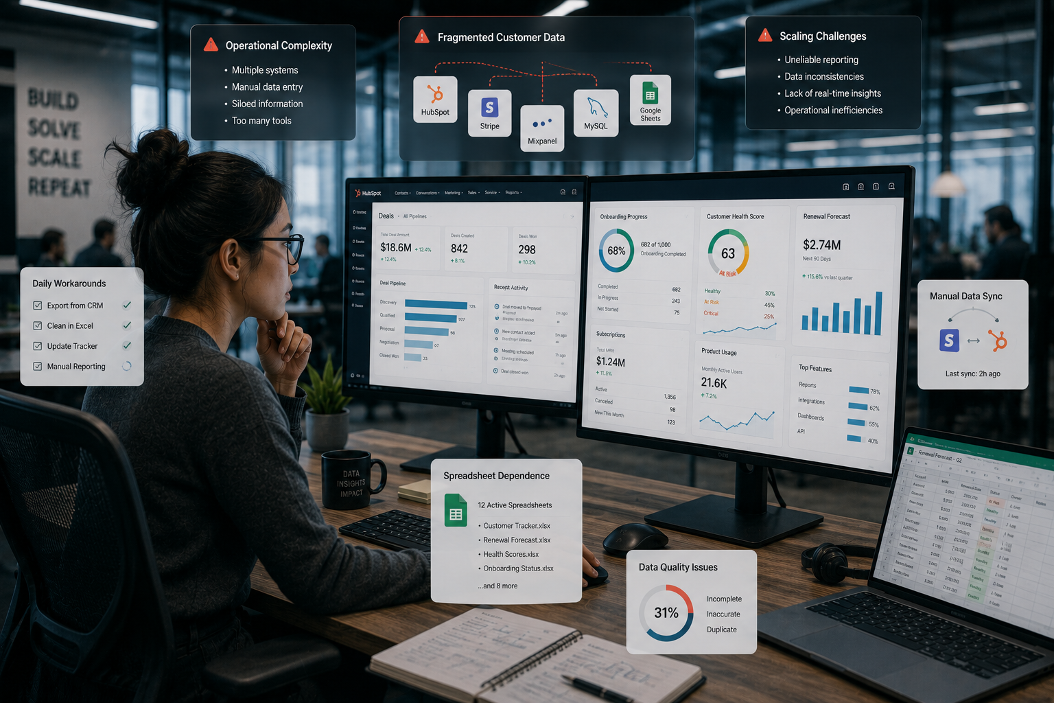 an operations manager in a saas office analyzing customer data spread across multiple systems between 2 monitors showing CRM records, onboarding milestones, renewal forecasts, customer health scores, subscription data, product usage analytics, and spreadsheets used as temporary workarounds. add pop-up of operational complexity, fragmented data, and the challenges of scaling beyond a basic CRM structure. start-up vibes office cool tone
