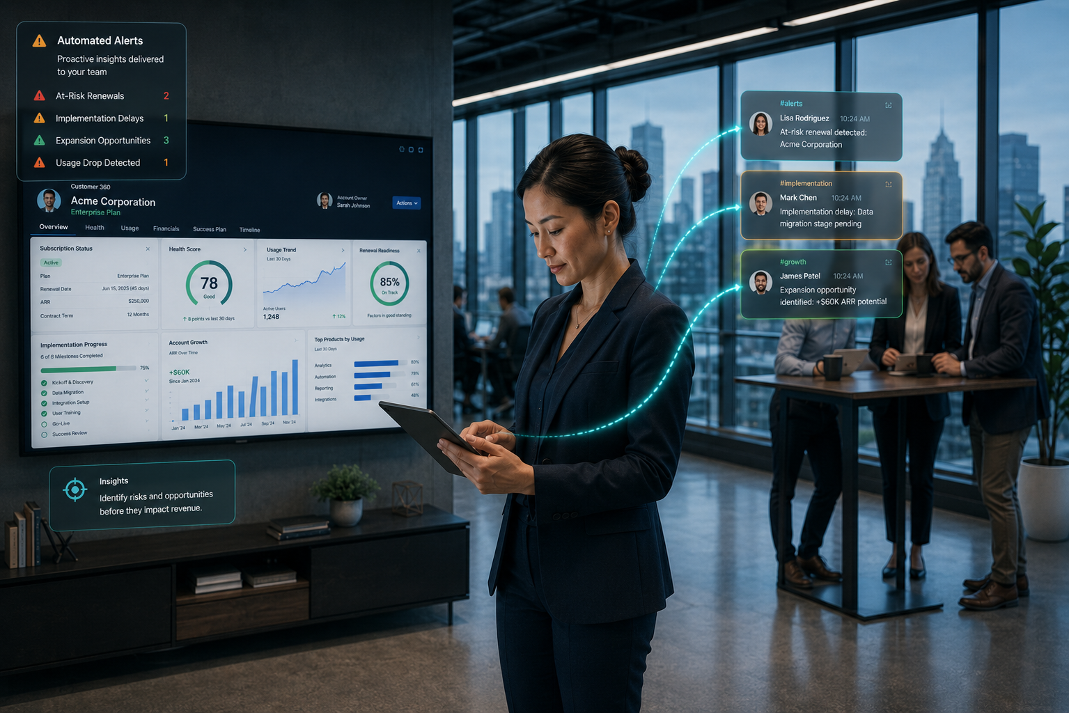 a customer success manager and revenue operations team to review a comprehensive customer account dashboard on her tablet, standing in her skyrise office and a monitor behind her showing subscription status, health scores, usage trends, renewal readiness, implementation progress, and account growth indicators in one unified workspace. with pop-up of Automated alerts and recommendations appear in her tablet sending to her team in the background identify risks and opportunities before they impact revenue.