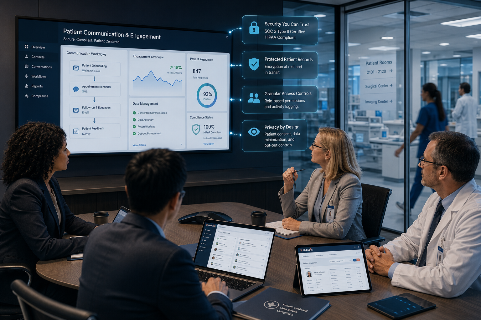 a healthcare operations team using a secure HubSpot CRM platform inside a professional medical organization. Healthcare administrators, compliance officers, and patient engagement specialists in a conference table of a hospital outside a glass vide, review patient communication workflows and data management processes on large digital dashboards. with pop ups of Security indicators, protected patient records, access controls, and privacy safeguards, show a hubspot screenshot in one of the tablet and laptop on the desk.