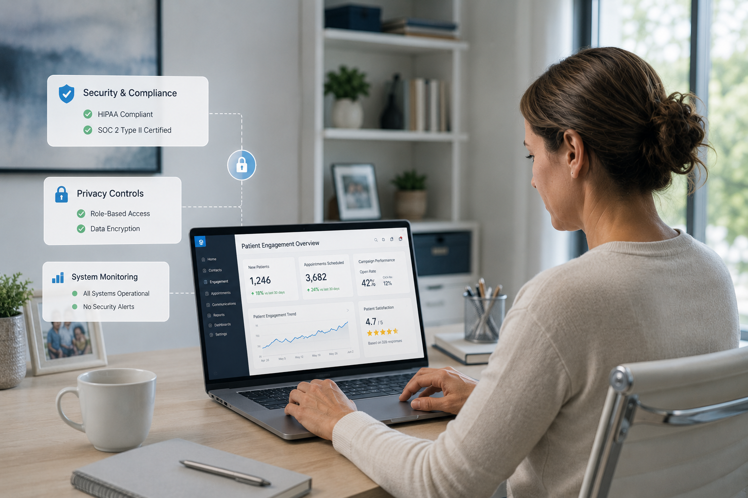 a healthcare admin professional working from home show patient engagement platforms, appointment systems, marketing automation tools, analytics software, and third-party applications working together within a secure environment. wiht pop-ups for security indicators, privacy controls, and monitoring dashboards reinforce themes of governance, compliance oversight, and risk management.