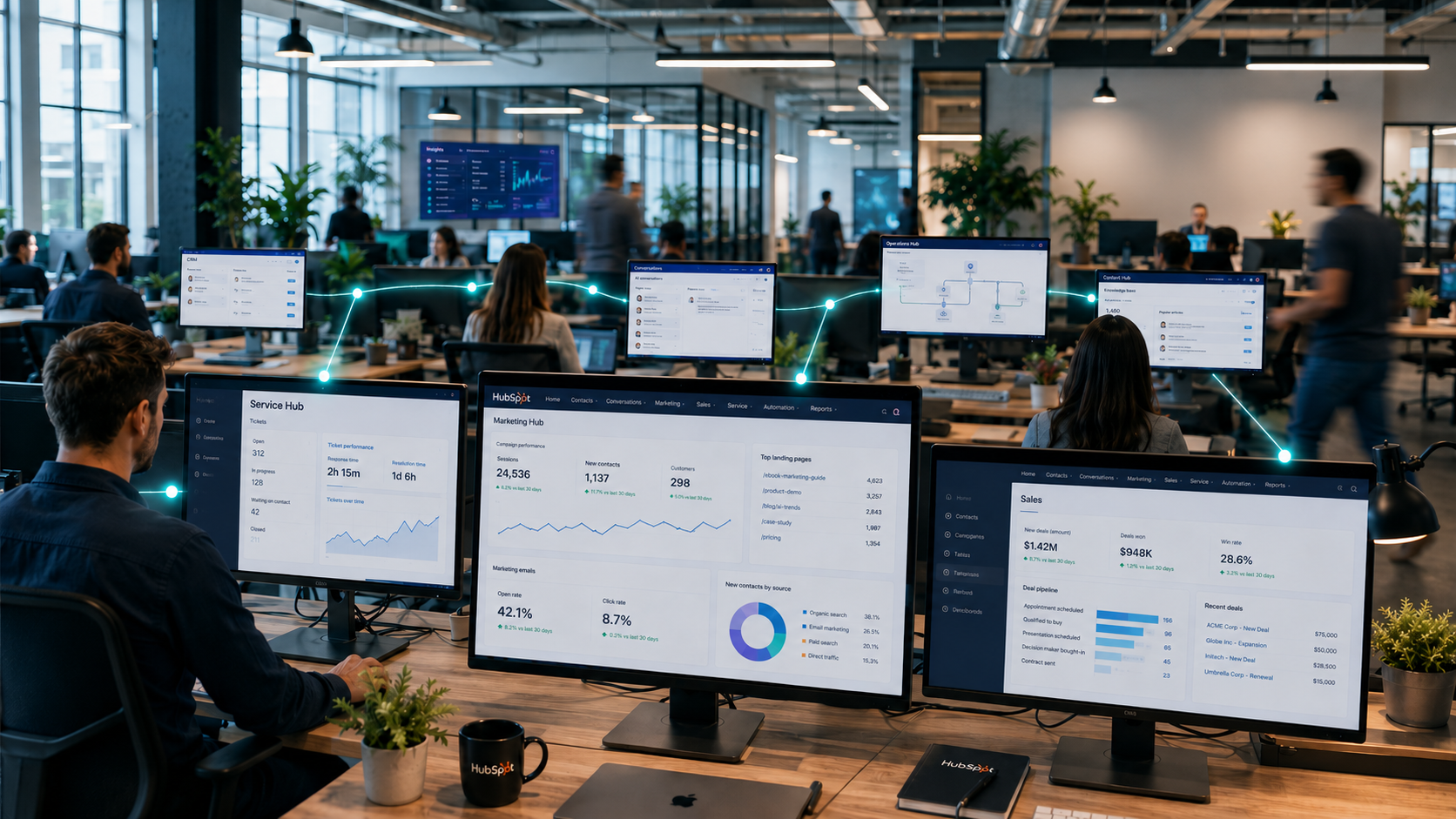 view of an advanced AI operations platform used by a growing enterprise. The interface showcases governance controls, permission settings, audit trails, customer service workflows, security monitoring tools, knowledge repositories, and performance reporting dashboards. The visual emphasizes operational discipline, oversight, and scalable AI infrastructure rather than futuristic technology concepts. Realistic software interface, enterprise-grade design, clean and highly detailed.