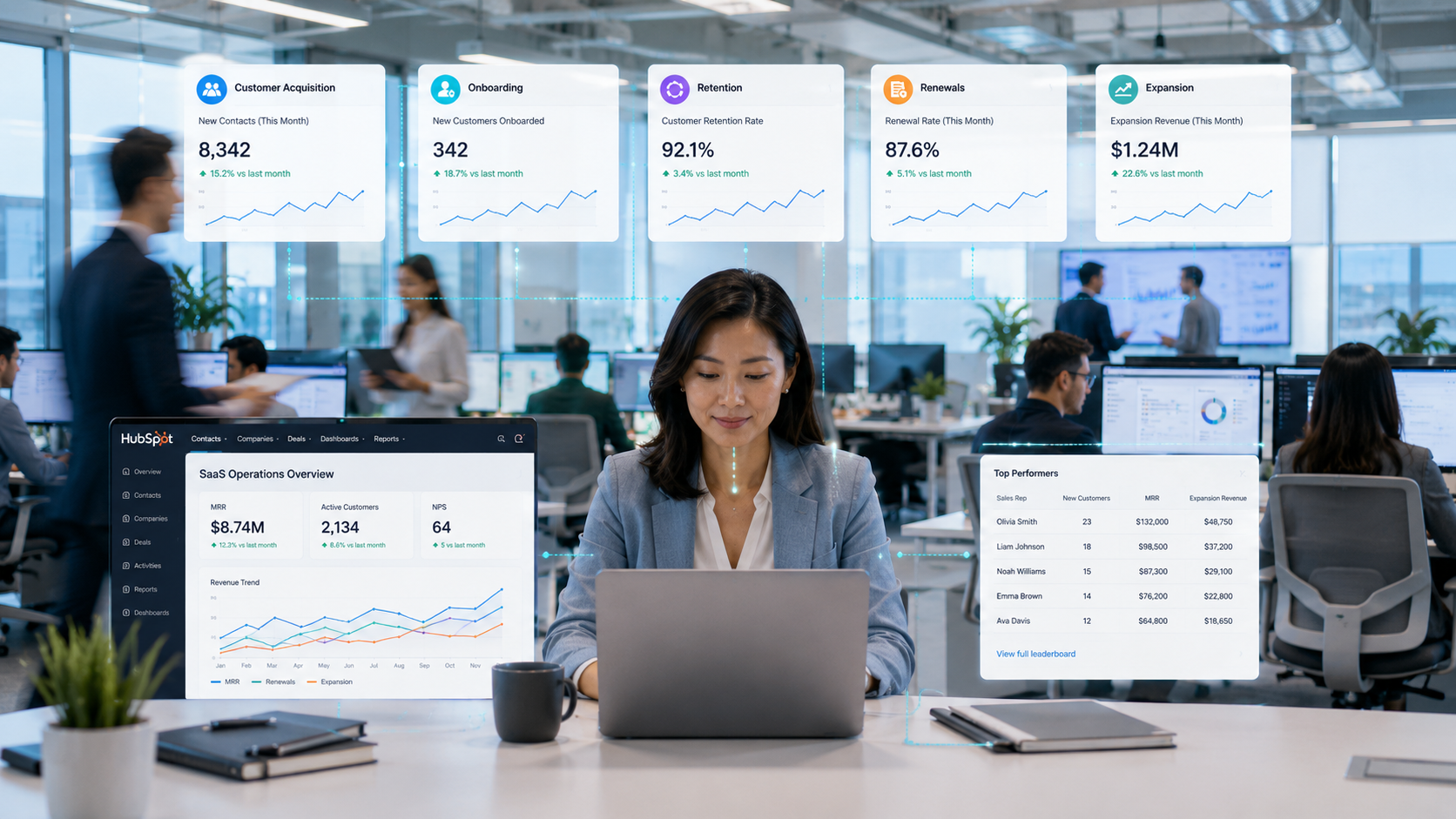 a professional saas operations manager checking HubSpot CRM platform she is in the center of an office showing busy daily business activities around her walking, or typing or in a call, employees blurring in the backhground while she is clear and confident in the center. with pop-up icons of Customer acquisition, onboarding, retention, renewals, and expansion metrics are displayed across sleek digital interfaces while teams work from a shared view of customer and revenue data.
