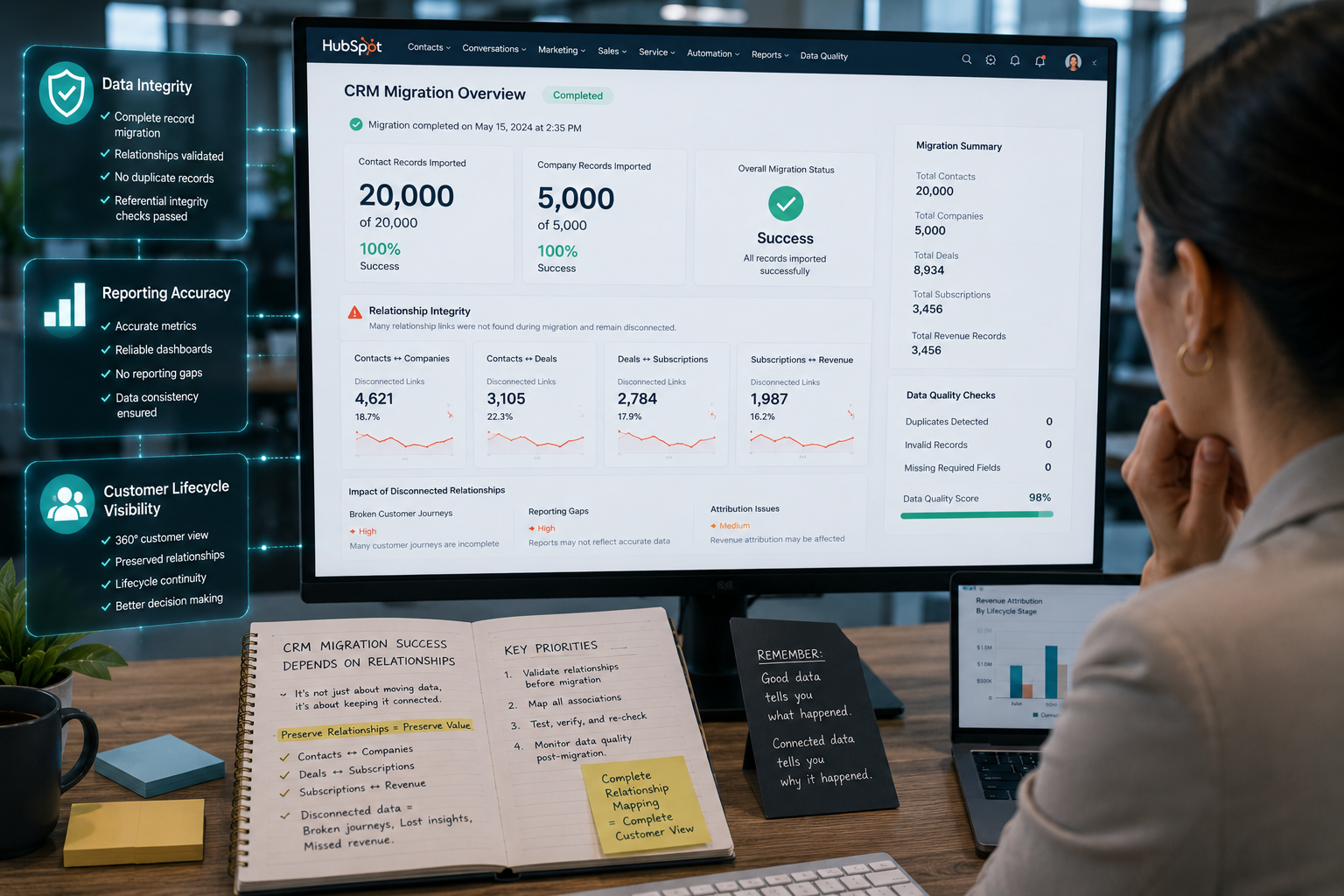 a close-up of a monitor showing hubspot during a large-scale migration, displaying 20,000 customer contact records and 5,000 company records successfully imported into a new system. While the records appear complete, many relationship links between contacts, companies, deals, subscriptions, and revenue records are visibly disconnected, creating broken customer journeys and reporting gaps. The professional working on the desk have notes about importance of preserving relationships between records during CRM migration, highlighting with pop-ups of icons of data integrity, reporting accuracy, and customer lifecycle visibility.