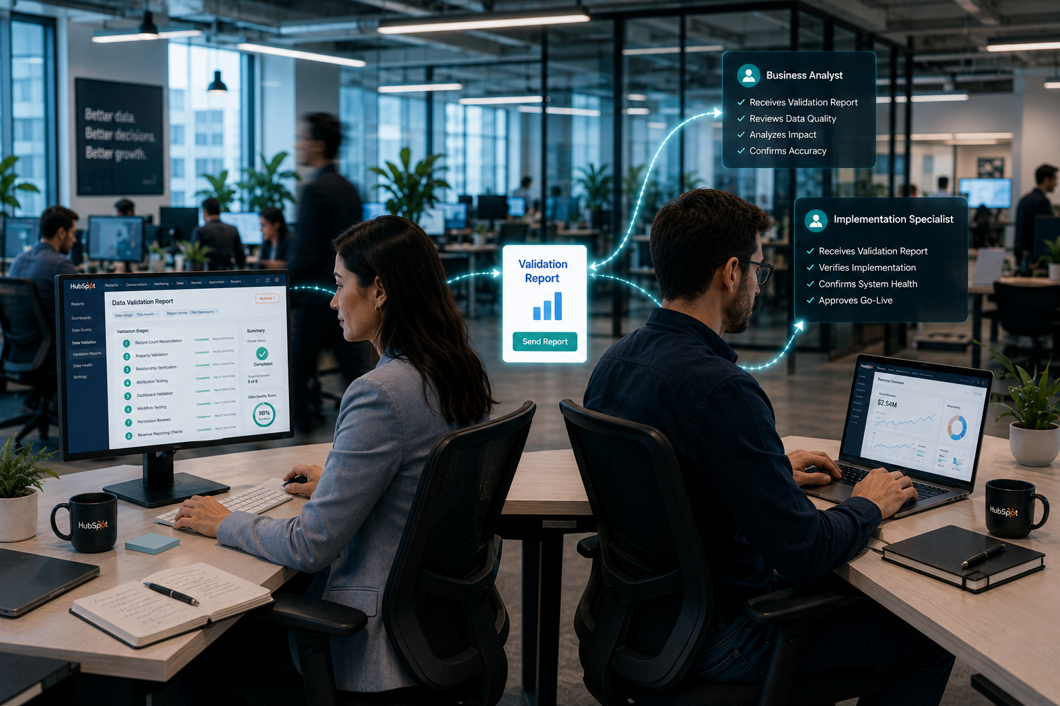 a manager creating a report in hubspot showing validation stages are organized in sequence, including record count reconciliation, property validation, relationship verification, attribution testing, dashboard validation, workflow testing, permission reviews, and revenue reporting checks, with a glowing teal line sending this report to a business analysts and implementation specialists in the same office.