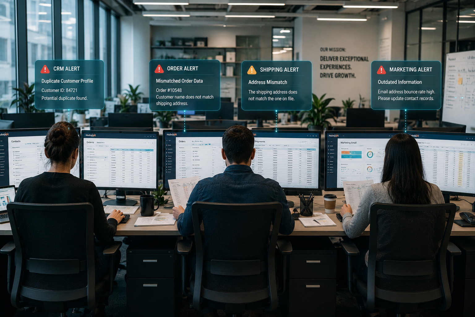 e-commerce operations office with employees manually entering customer and order data into multiple software platforms, including CRM, shipping, and marketing systems, the are sitting side by side in one row across the image, showing the monitors with pop-up alerts mismatched records, duplicate customer profiles, and outdated information. Team members appear frustrated as they compare spreadsheets and update records by hand. Professional business environment, realistic style, clean corporate lighting, cool tone
