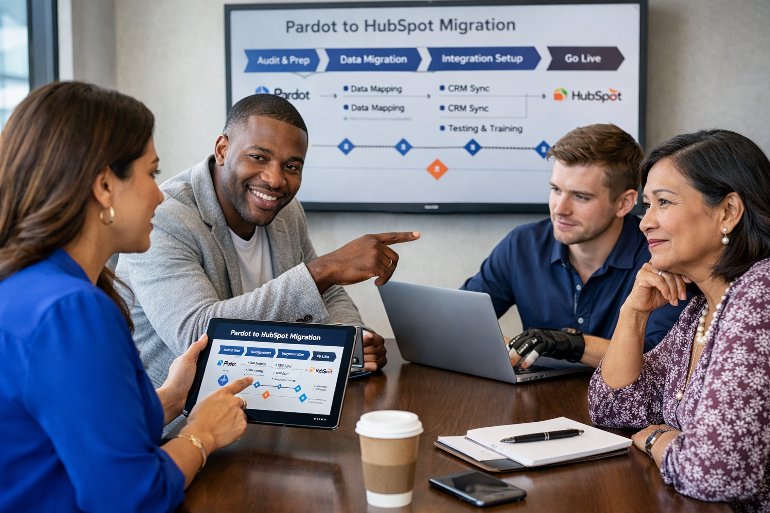A modern and hyper-realistic boardroom scene with marketing, sales, and operations leaders gathered around a large digital screen showing a Pardot to HubSpot migration plan. The screen displays data flow diagrams, lifecycle stages, and workflow maps transitioning from one system to another. The team is actively discussing. 