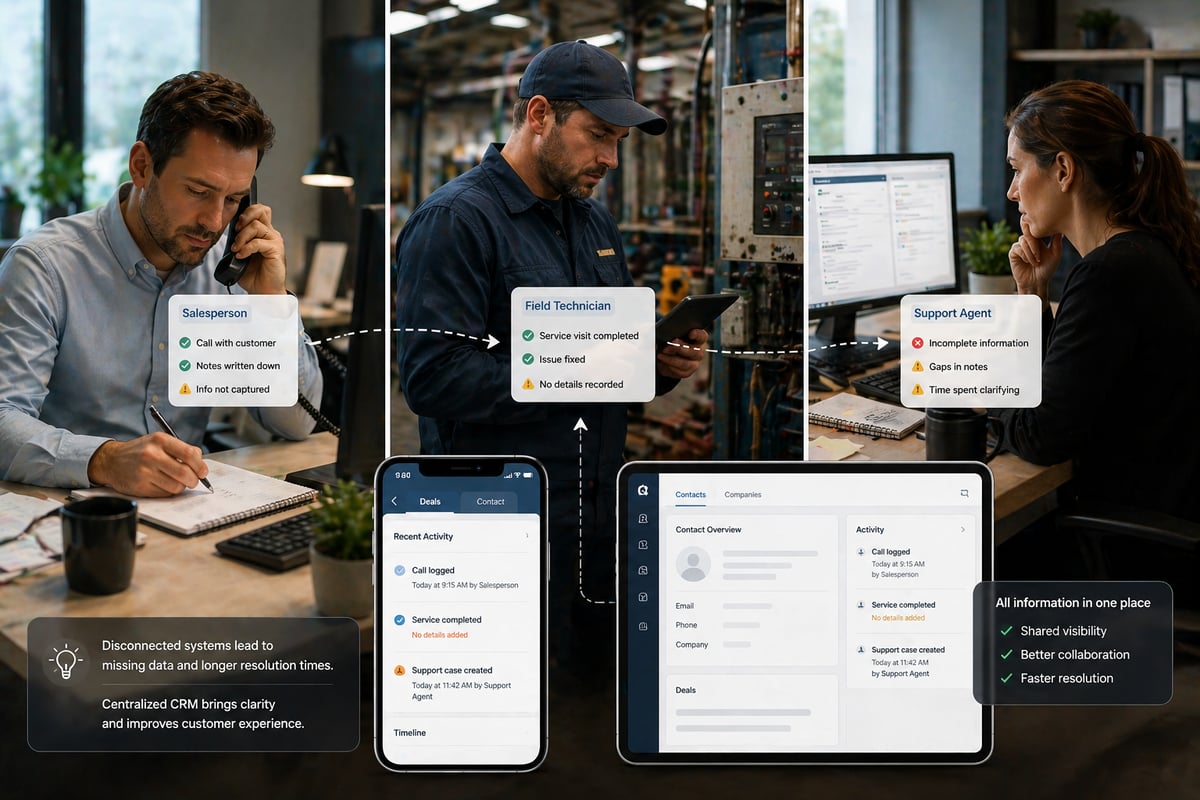A realistic photo of a split manufacturing workflow: a salesperson on a call taking handwritten notes, a field technician finishing a service visit without recording details, and a support agent later reviewing incomplete information on a computer. The scene subtly shows gaps in communication—missing data, disconnected tools, and lack of shared visibility. The setting blends office space and industrial environment, with authentic details like machinery, uniforms, and workstations. The mood is professional but slightly frustrating, illustrating how important information gets lost. Natural lighting, documentary style, highly realistic, no text, no logos.