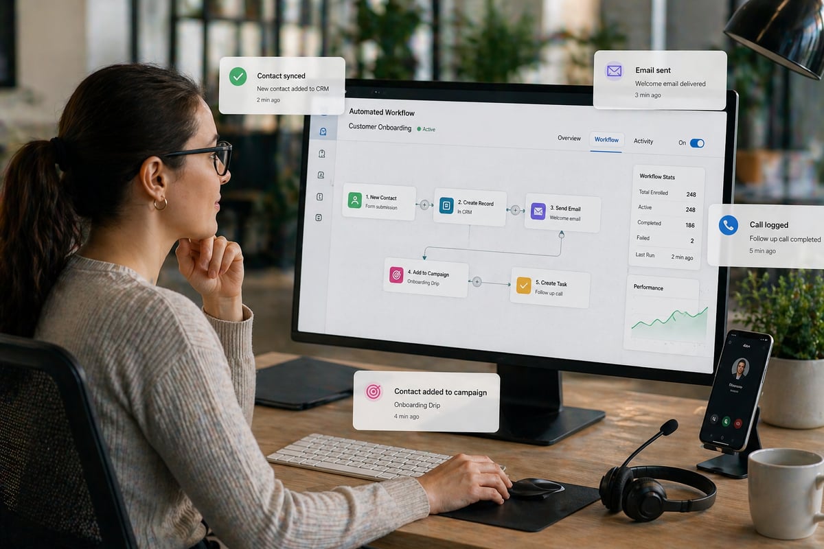 professional monitoring automated workflows on a computer with pop-ups in a modern office setting. The screen displays a clean, visual workflow builder with connected steps representing synced data and automated processes across tools. Nearby, a phone or headset indicates integrated communication systems. The person appears relaxed and in control, reflecting reduced manual work and improved efficiency. The workspace is uncluttered, with soft lighting and a calm, productive atmosphere.