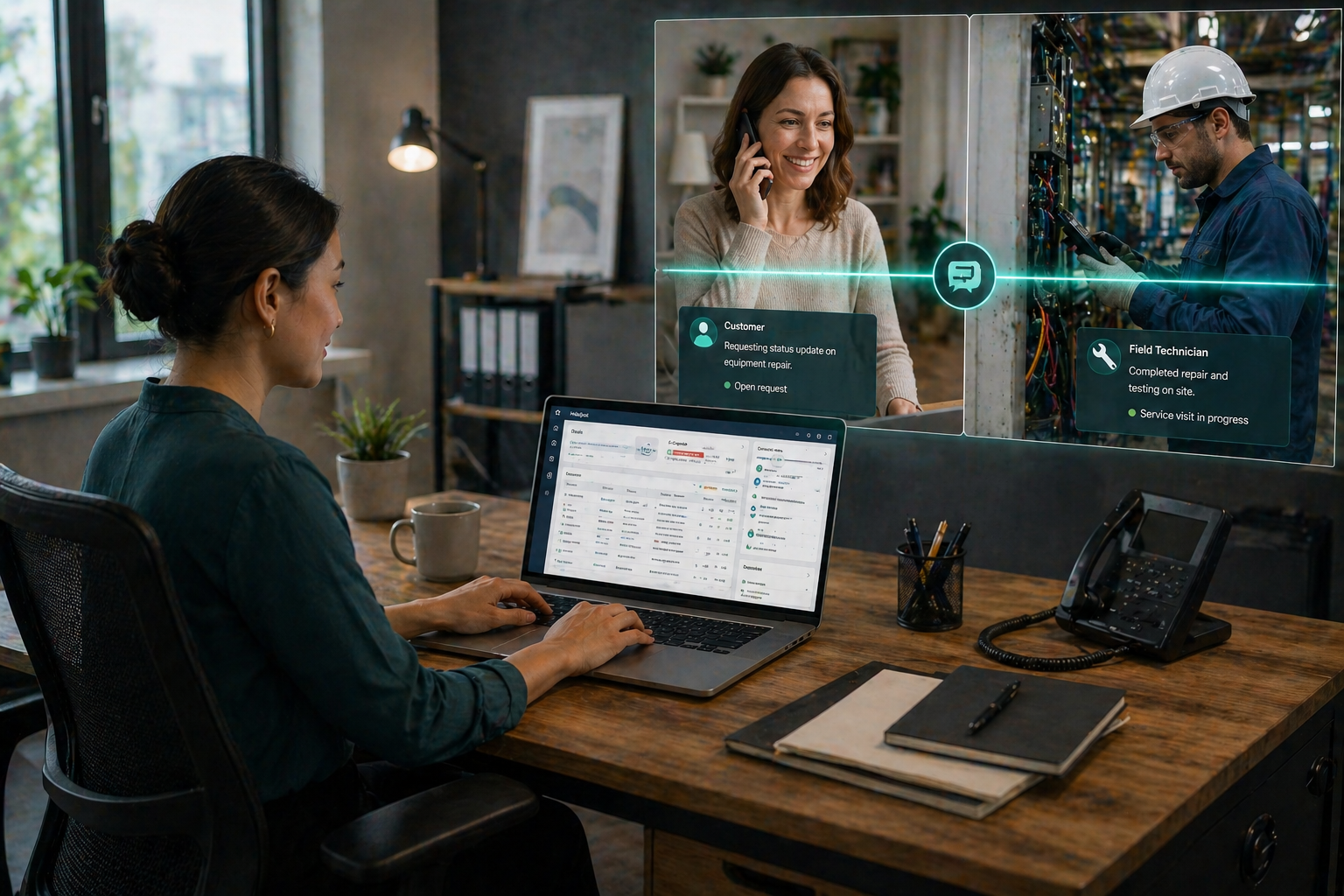 manufacturing company team delivering fast, coordinated customer service in a pop-up from ther laptop. A customer is interacting with a field technician at a job site in a pop up from their phone while, in parallel, a support or sales professional confidently manages information on a laptop or desktop. The team appears aligned and efficient, with quick access to accurate data. The environment combines industrial and office settings, showing real-world operations. The overall mood is positive, responsive, and professional, emphasizing improved customer experience. Natural lighting, documentary style, highly realistic, hubspot interface