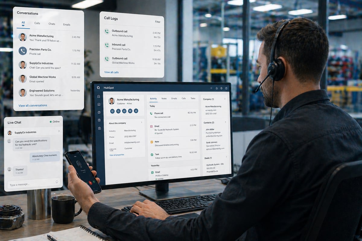 A realistic photo of a manufacturing sales or support professional managing customer communication from a single workspace showing pop-up of hubspot unified communication interface with messages, call logs, and customer details in one place.. The person is at a desk using a computer while also interacting with a smartphone and wearing a headset, representing calls, messages, and chat. The person appears calm and in control, easily switching between communication channels. The environment blends office and light industrial elements, with a modern, organized setup. The mood is efficient and connected, showing all conversations managed in one system. Natural lighting, cool tone