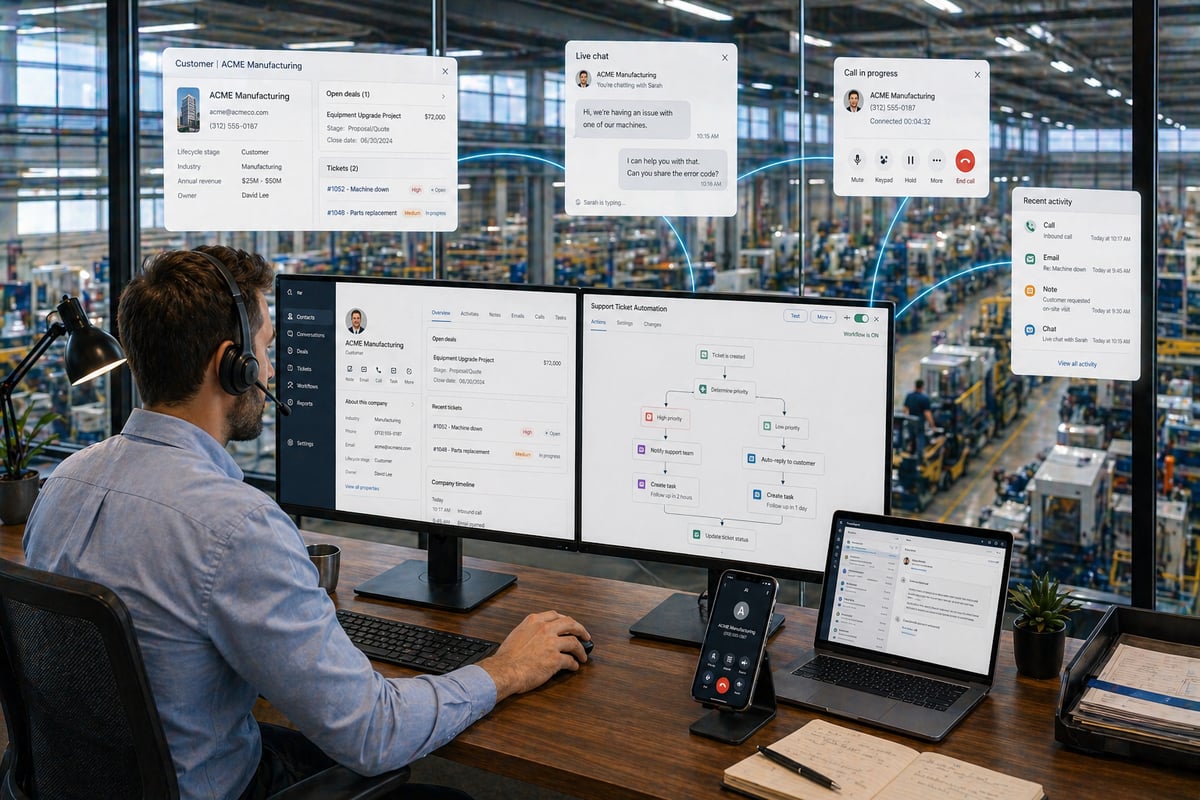 A realistic photo of a professional testing a communication system setup in a modern office. The person is wearing a headset and interacting with a computer displaying routing flows and automation workflows, while also simulating or reviewing a call on-screen. The setup includes multiple monitors showing structured processes, decision paths, and CRM automation. The person appears focused and analytical, ensuring everything works correctly. The environment is minimal and professional, with soft natural lighting. The scene conveys testing, validation, and reliable system building. 