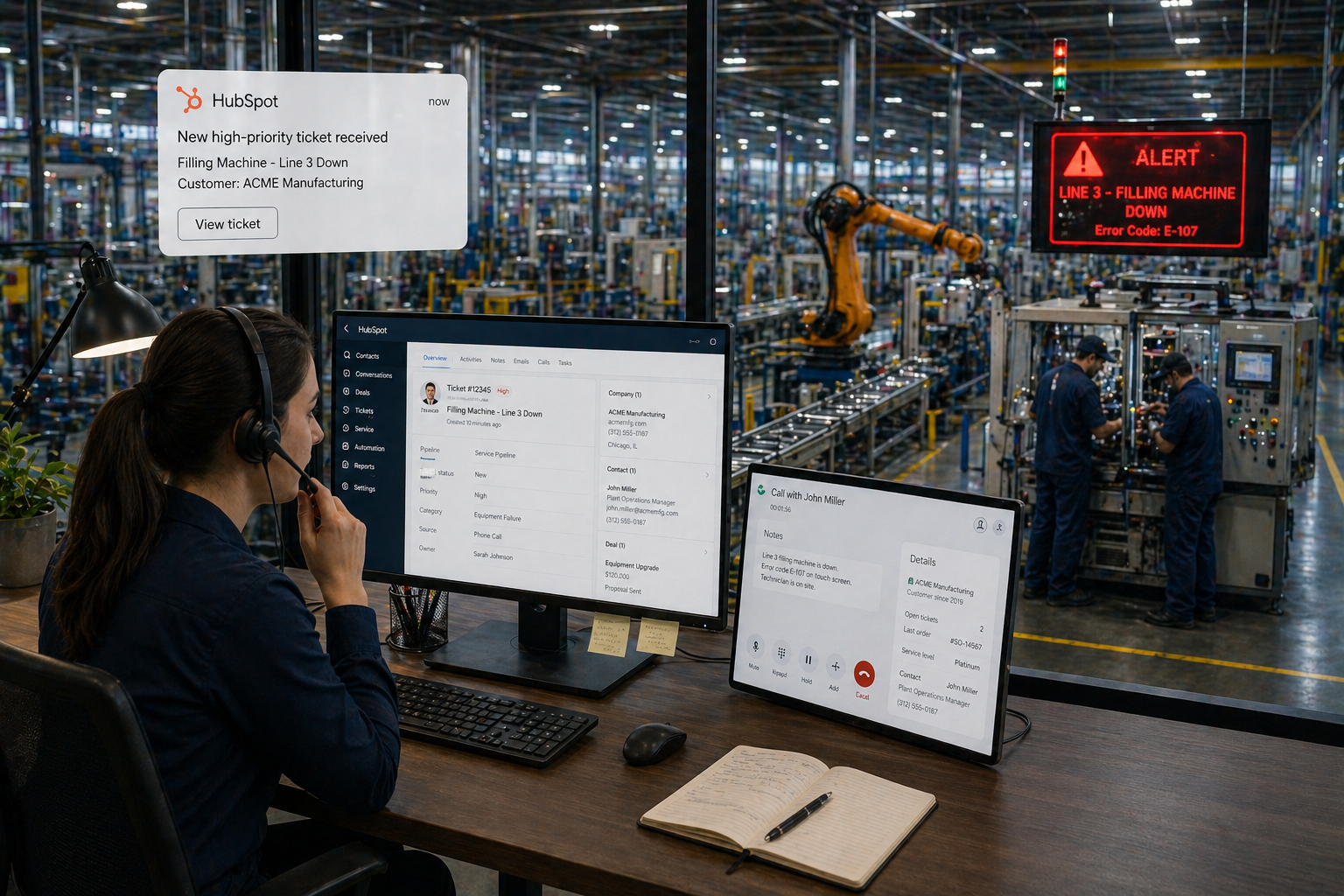 A realistic photo showing the link between manufacturing support and operational disruption using hubspot interface. A support agent at a desk is handling a call while reviewing complex service requests on a computer, with a concerned, focused expression. Behind them or through a window, a production line appears slowed or paused while technicians address an equipment issue. The scene highlights how a single support interaction affects real-world operations. Industrial environment, candid photography style, cool tone.