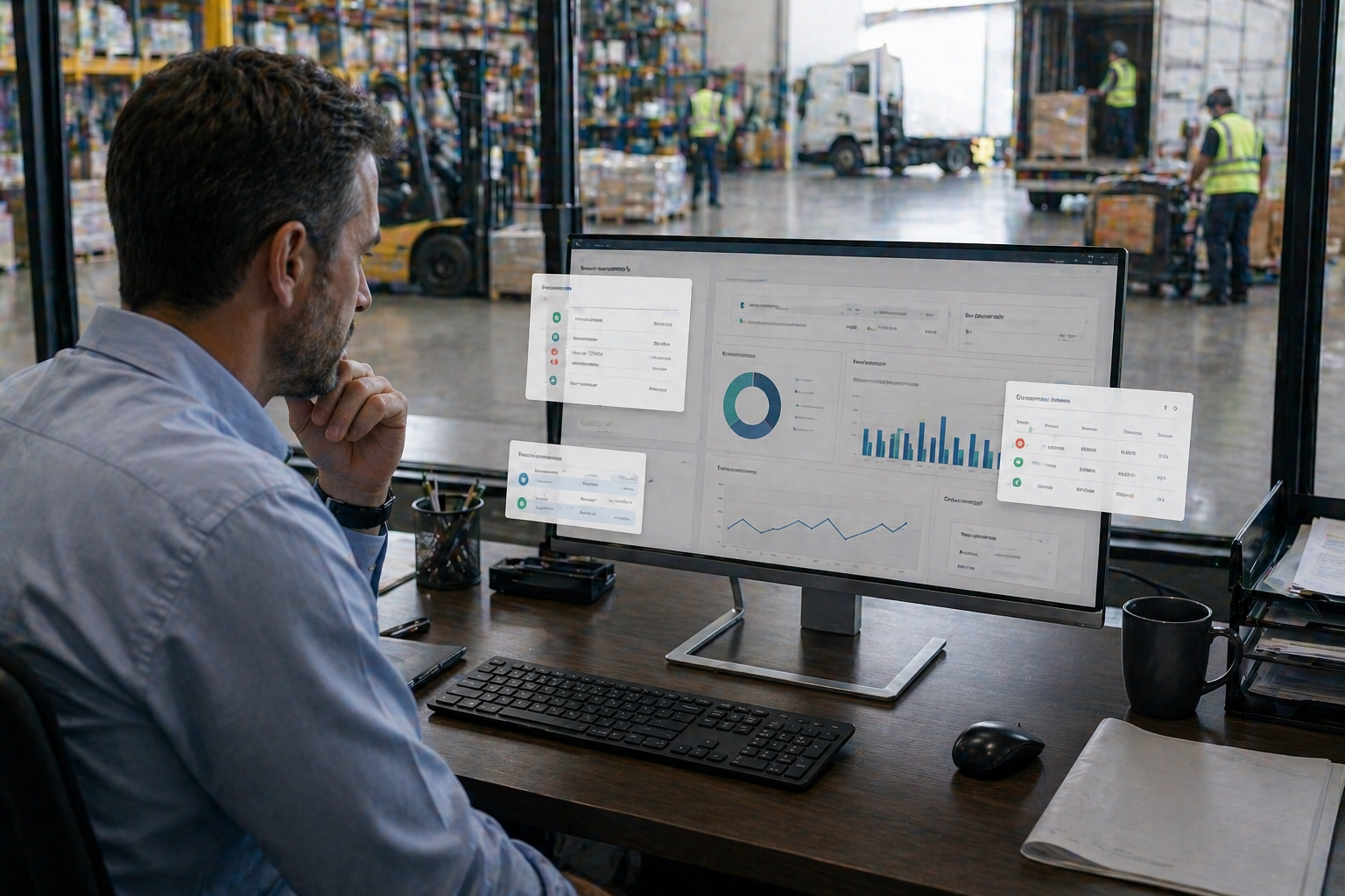 A realistic photo of a manager in a manufacturing company looking at a dashboard with limited visibility into team activity, with pop ups of few call records, unclear timelines, and missing trends. The manager’s expression shows concern and uncertainty. Behind them, a busy operations environment continues, with workers handling equipment or shipments, hinting at problems not fully visible in the system. The contrast highlights the gap between what’s happening and what leadership can see. Professional setting, soft natural lighting, highly realistic, no text, no logos.