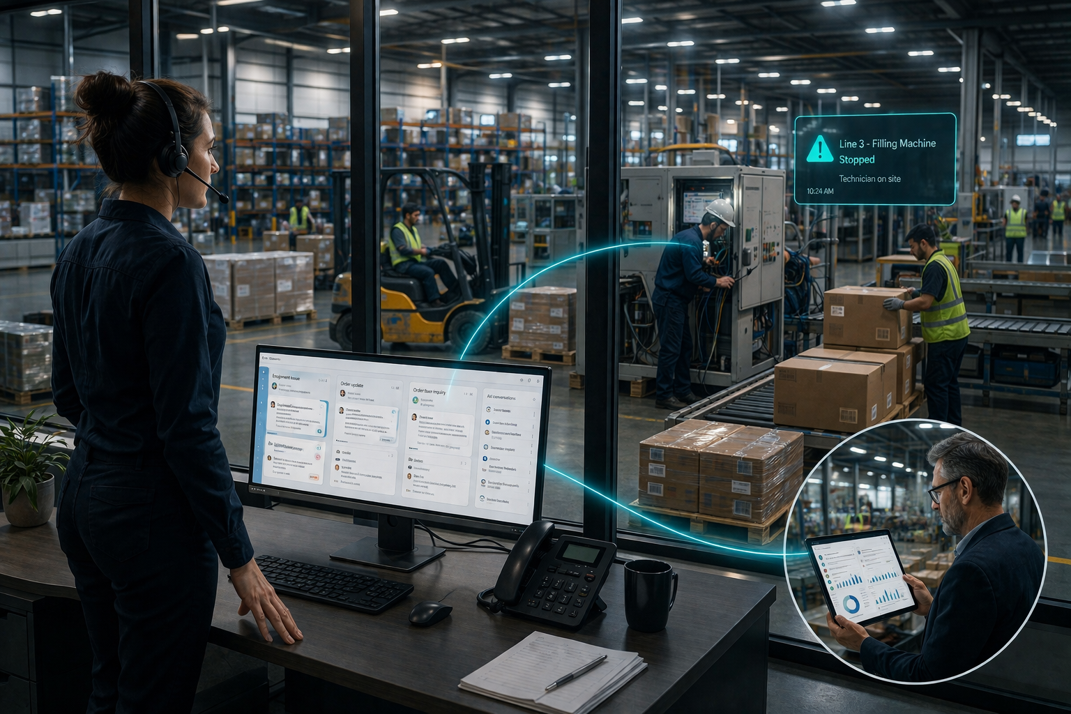 A realistic photo showing a manufacturing support scenario where one professional is handling multiple conversations from different types of stakeholders. On their screen are varied requests—one related to equipment repair, another about orders, another from a distributor. Around them, subtle visual cues represent different roles: a field technician in the background, a warehouse worker, and office staff, all connected to the support function. The support agent appears under pressure but still professional, illustrating the complexity of serving multiple audiences at once. Clean but busy environment, natural lighting, highly realistic, no text, no logos.