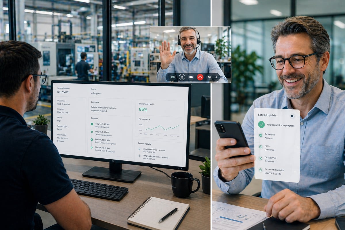 A photo showing a interaction between a manufacturing team and a customer ina split screen, from the team's monitor and the customer's phone with popup showing  reviewing clear, organized data on a screen. The customer appears satisfied and engaged, while the surrounding environment—office and light industrial space—runs smoothly and efficiently. Subtle cues of productivity and success, such as active workflows and well-coordinated operations, reinforce business impact and value. Bright, natural lighting, candid photography style, cool tone