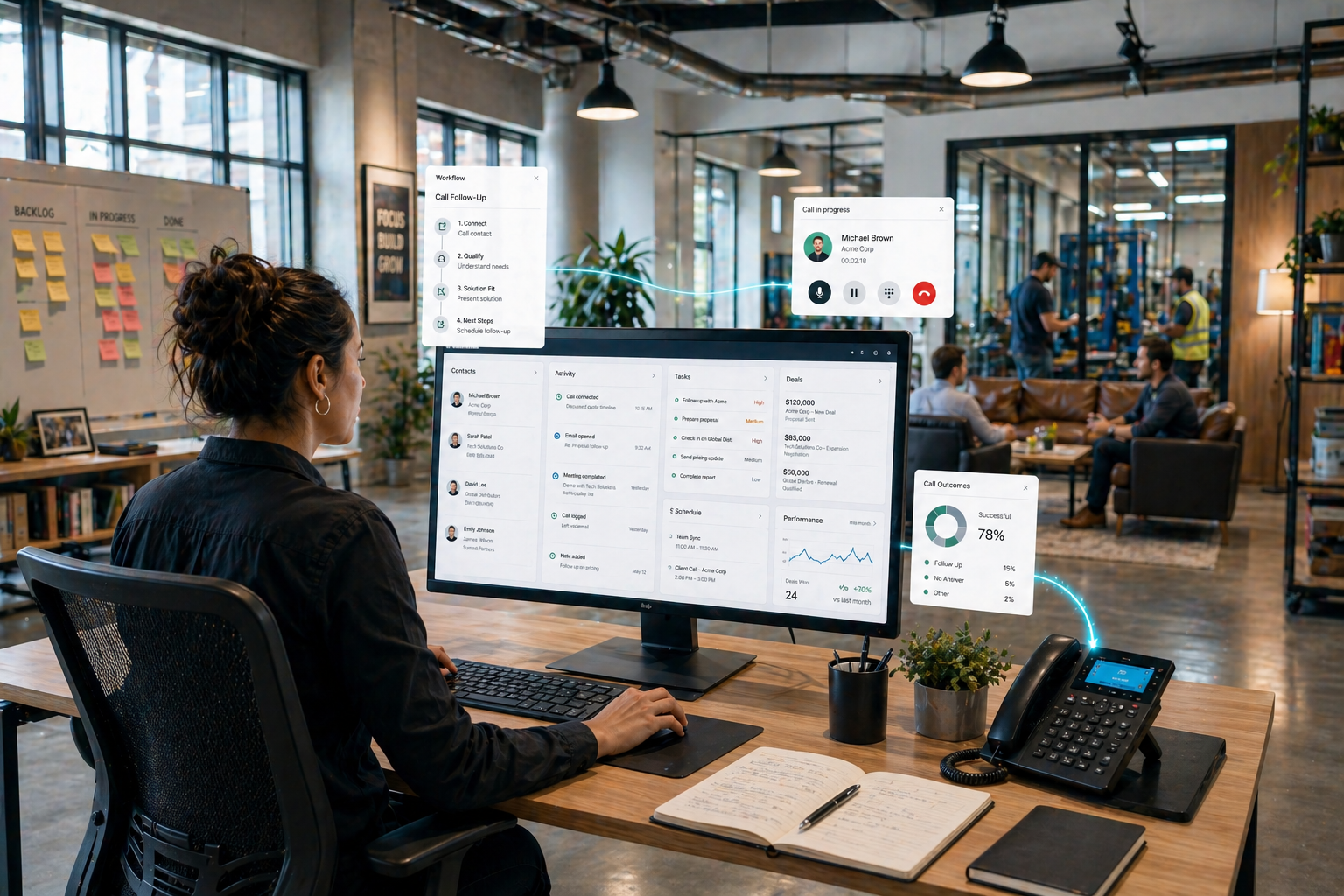 A realistic photo of a revenue operations professional working confidently at a clean, modern desk, using a CRM system as the central command center with pop ups of hubspot interface. The computer screen displays a structured workflow interface that controls call actions, timing, and outcomes, along with organized customer records and activity timelines. A phone sits nearby, indicating calling is integrated directly into the system indicated bu a popo up and glowing teal thread connecting to the monitor. The person appears focused and in control, making decisions within the platform. The workspace is minimal and organized, with soft natural lighting. The scene conveys centralized control, intentional system design, and CRM-first operations. cool tone
