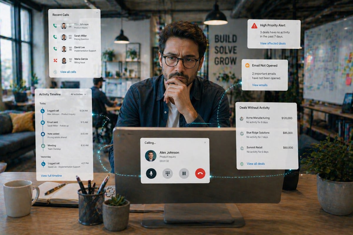 A realistic photo of a professional analyzing a CRM timeline on a computer screen, showing logged calls and activities that feel disconnected or lacking context. The person leans in, studying the data with a concerned expression, as if trying to piece together the story behind the interactions. The environment is a quiet office setting with minimal distractions. The scene conveys incomplete understanding rather than obvious failure, highlighting the gap between recorded activity and real insight. Natural lighting, cool tone