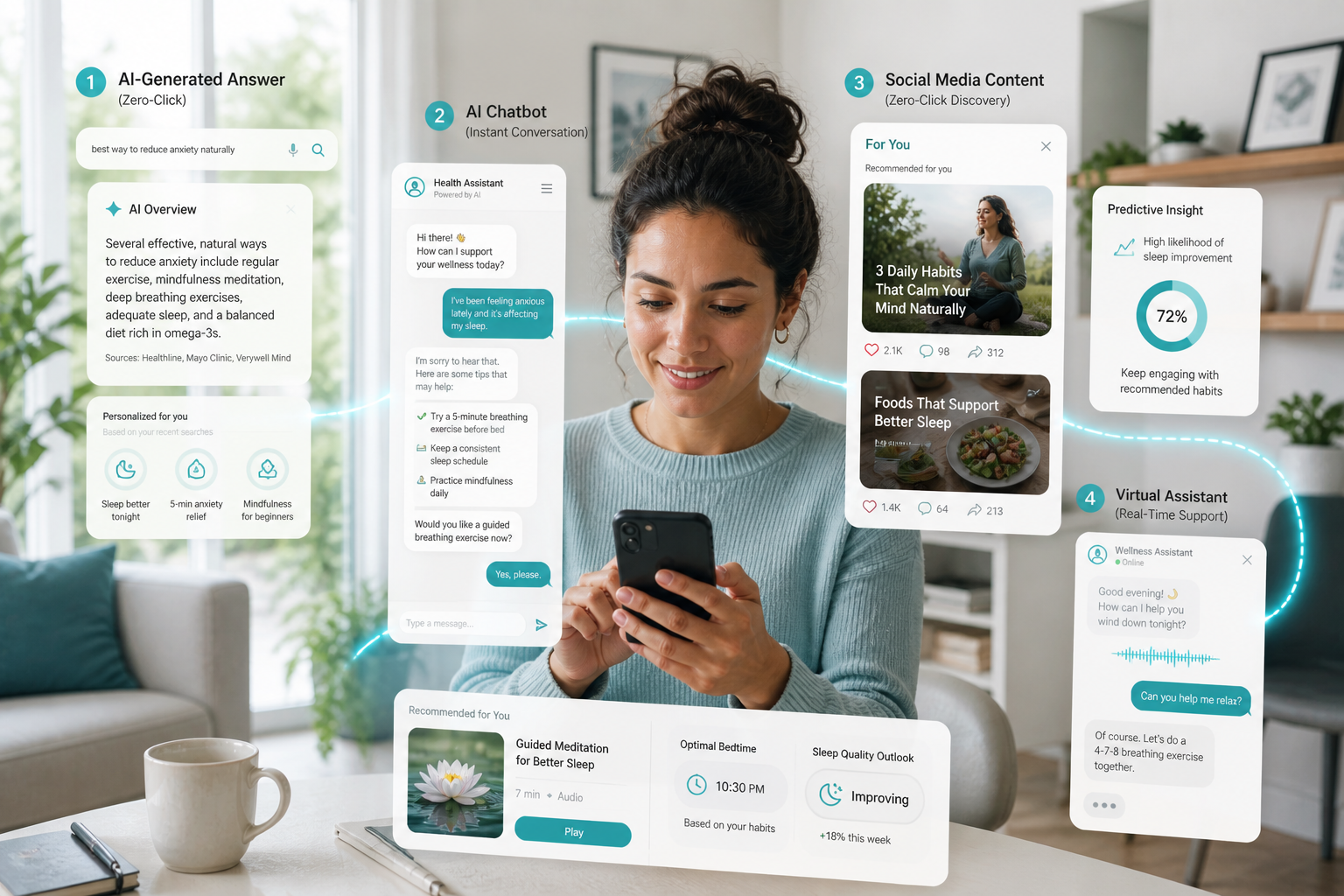generate an image  showing a patient moving through multiple digital touchpoints from their phone with hubspot interface pop-ups starting with an AI-generated answer on a search engine, then shifting to a chatbot conversation on a phone, scrolling through social media health content, and finally interacting with a virtual assistant late at night. The scene should feel fluid and non-linear, with glowing interface elements layered around the patient to represent personalized recommendations, predictive insights, and real-time responses, emphasizing a “zero-click” world where information comes instantly without visiting traditional websites.