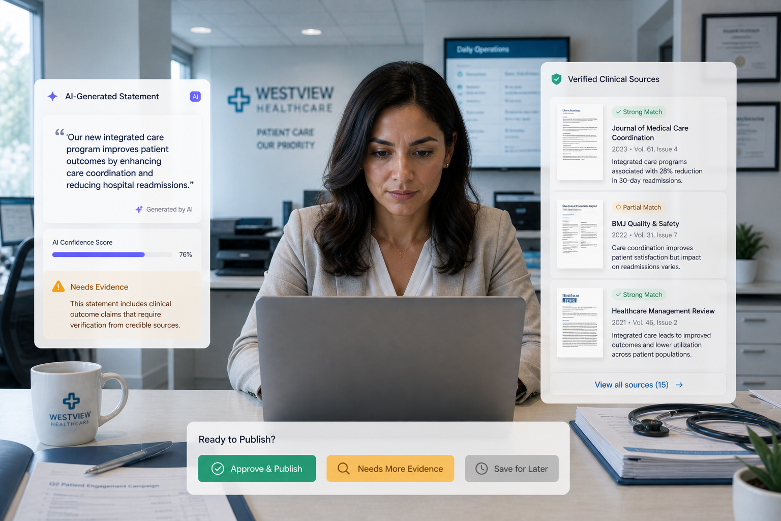 A healthcare marketer reviewing an AI-generated medical claim on a laptop, with one side showing the AI-written statement and the other side showing verified clinical sources and research documents. The focus is on checking accuracy before publishing, with subtle visual cues like “approved” and “needs evidence” labels.