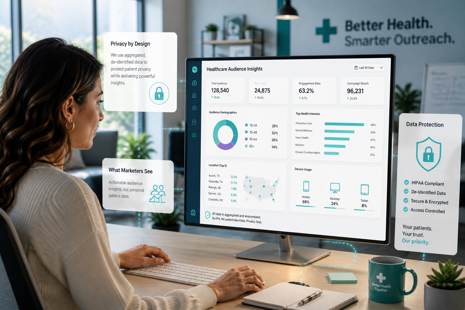 A simple scene showing a healthcare dashboard with patient data blurred or anonymized, alongside a shield or lock icon to represent privacy protection. A marketer views general audience insights instead of personal details, reinforcing the idea of using safe, non-sensitive data for targeting.